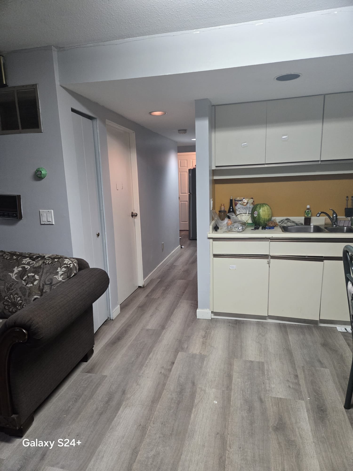 A view of a living area with a couch on the left and a kitchen in the background. The kitchen has white cabinets, a sink, and various items on the countertop, including a watermelon. The floor is wood-look flooring, and there are two doors visible in