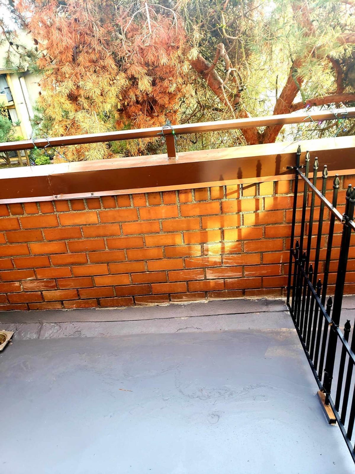 A small balcony with a gray concrete floor, a brick wall, and a black metal fence on the right side. In the background, there is a large tree with green and brownish leaves.