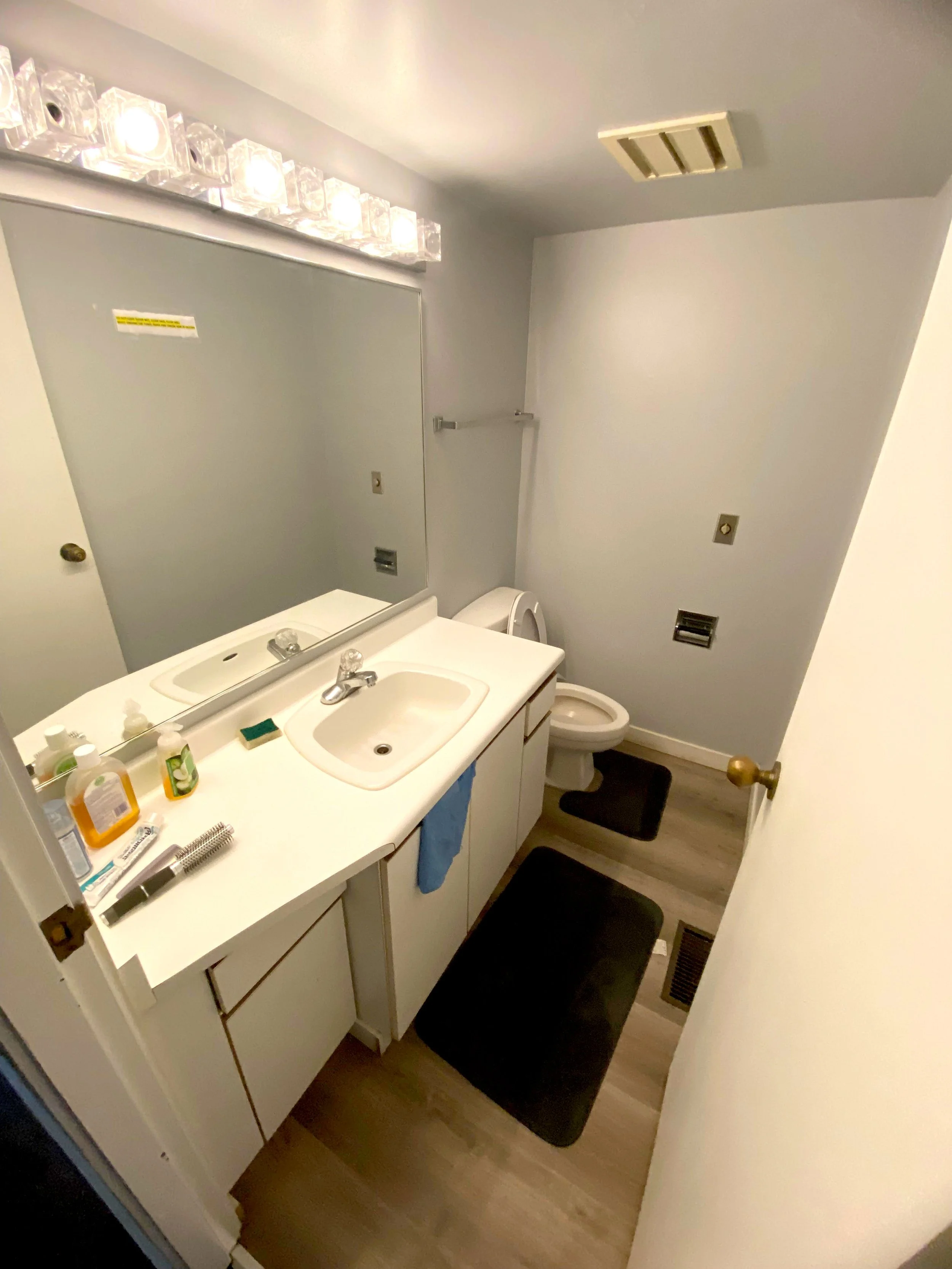 Small bathroom with a white sink and cabinet, a large mirror, a toilet, black floor mats, and bathroom supplies on the counter.
