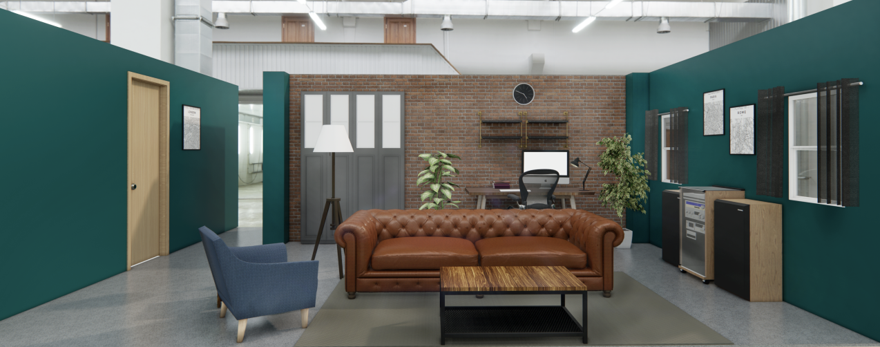 Modern office lounge with teal walls, a leather sofa, a blue armchair, a wooden coffee table, a desk with a computer and chair, a brick accent wall, and framed pictures.