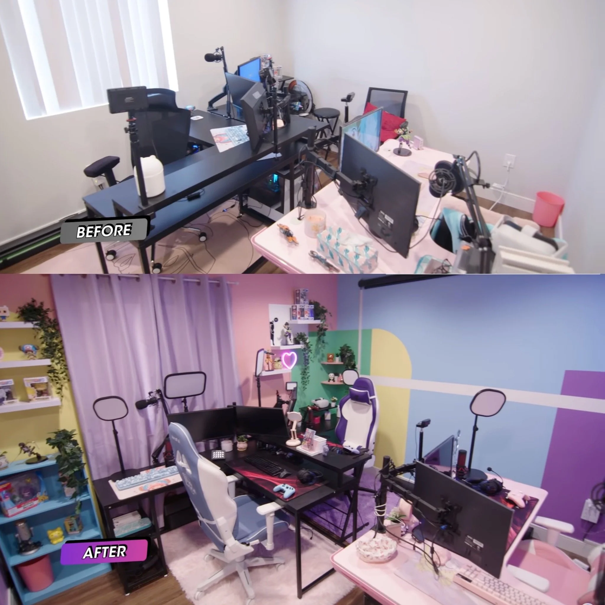 Comparison of an office before and after a makeover. The 'before' shows a cluttered, plain office with white walls and basic furniture. The 'after' features a colorful, organized workspace with decorative elements, plants, toys, and a vibrant wall mu