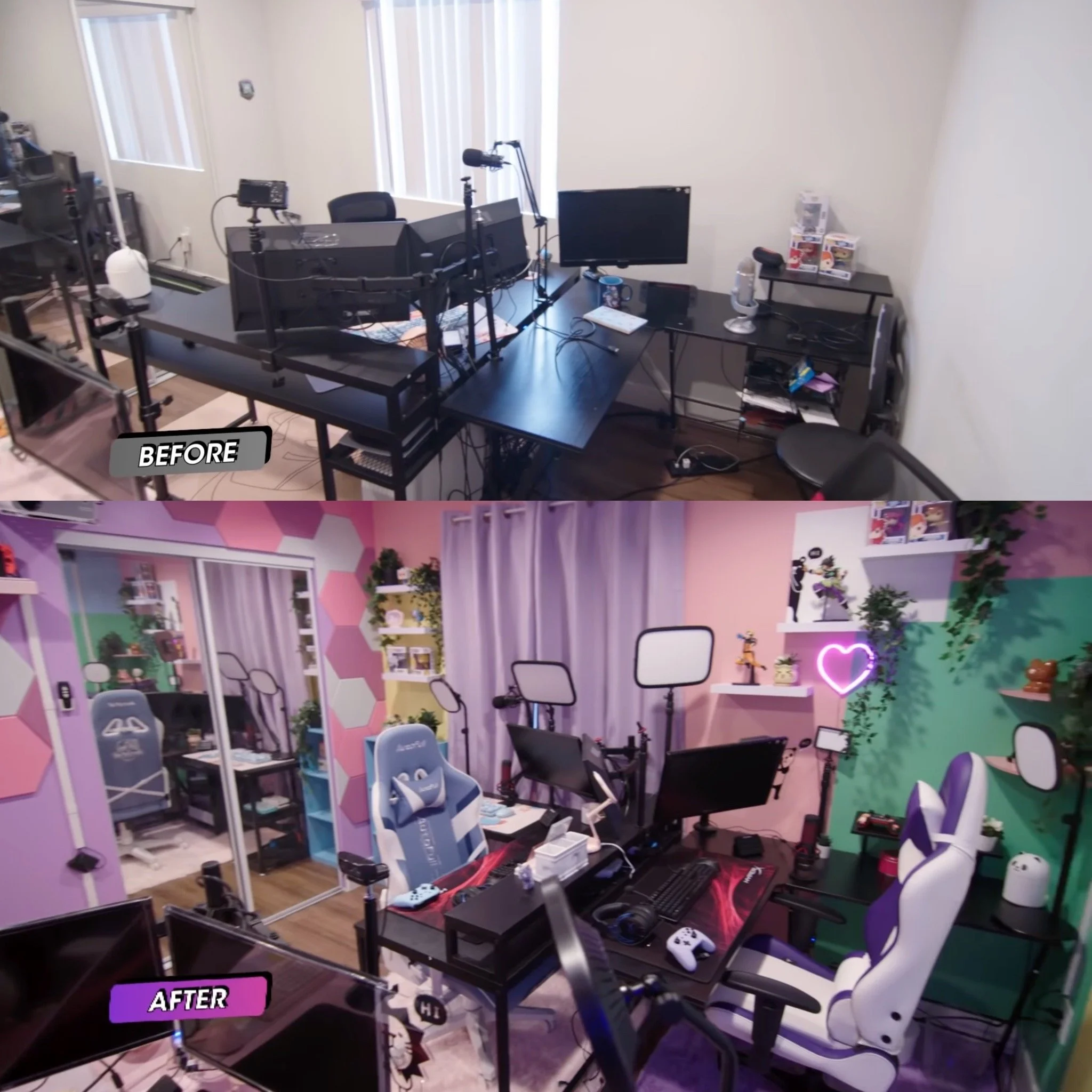 Comparison of a cluttered, plain office space before renovation in the top image, and a colorful, well-decorated, organized gaming or streaming room after renovation in the bottom image, featuring gaming chairs, colorful walls, and decorative lightin