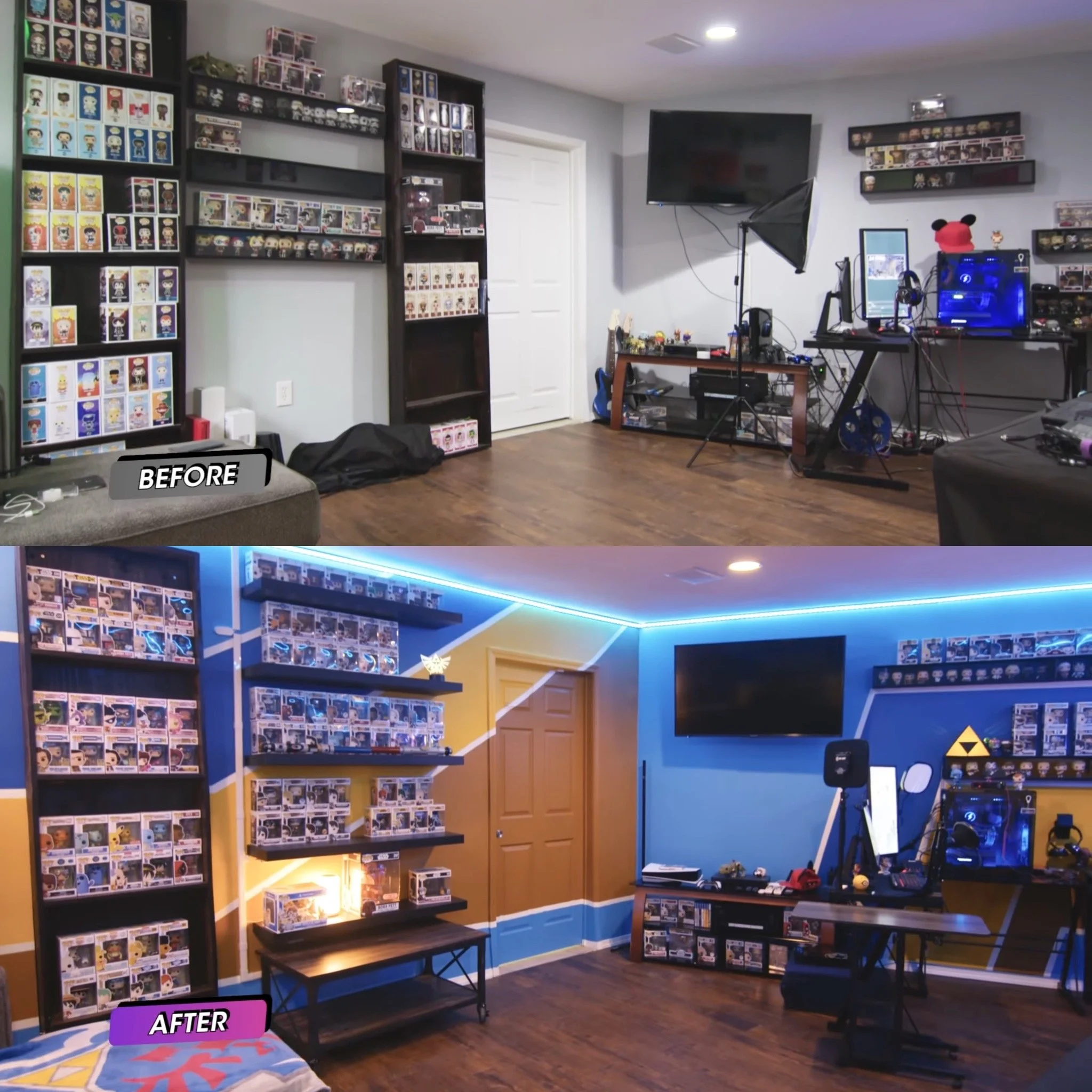 Comparison of a room before and after a renovation, showing a change from a plain room with wall shelves and a TV to a vibrant, themed room with colorful wall paint, shelves filled with collectible figures, and LED lighting.