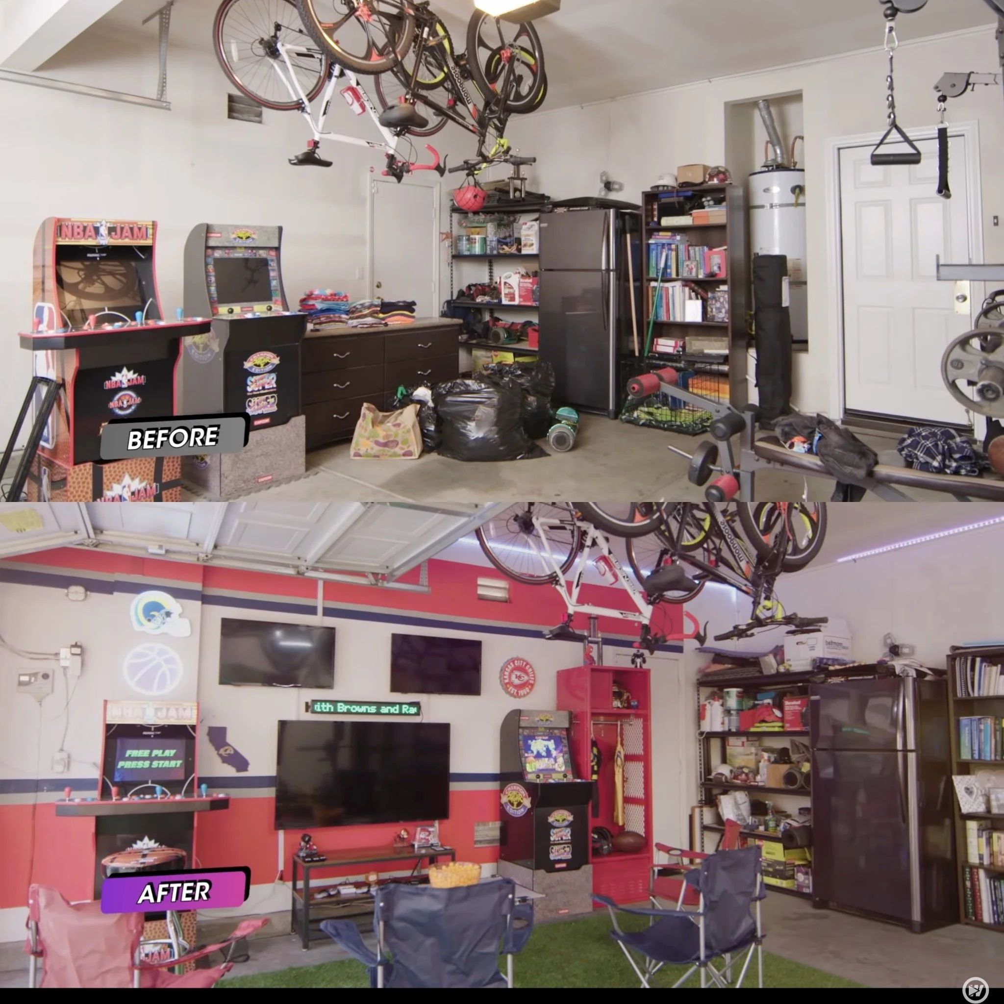 Comparison of a cluttered garage before and a neatly organized recreational indoor space after renovation, with bikes hanging from the ceiling, arcade machines, and sports memorabilia.