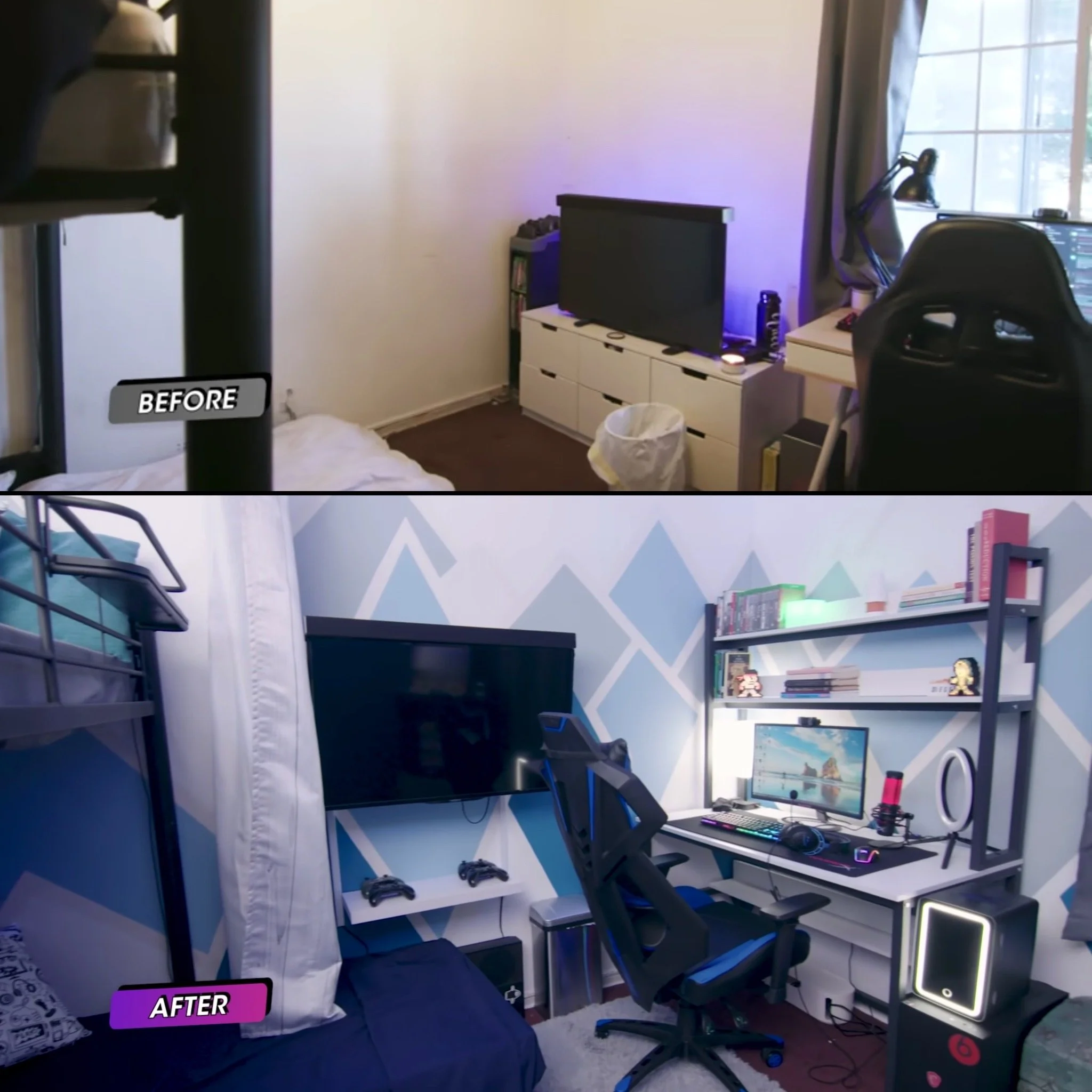 Comparison of a bedroom before and after renovation; the before image shows a cluttered, plain room with a small TV, a desk, and a bed, while the after image shows a modern, organized room with a larger monitor, gaming setup, and stylish decor.