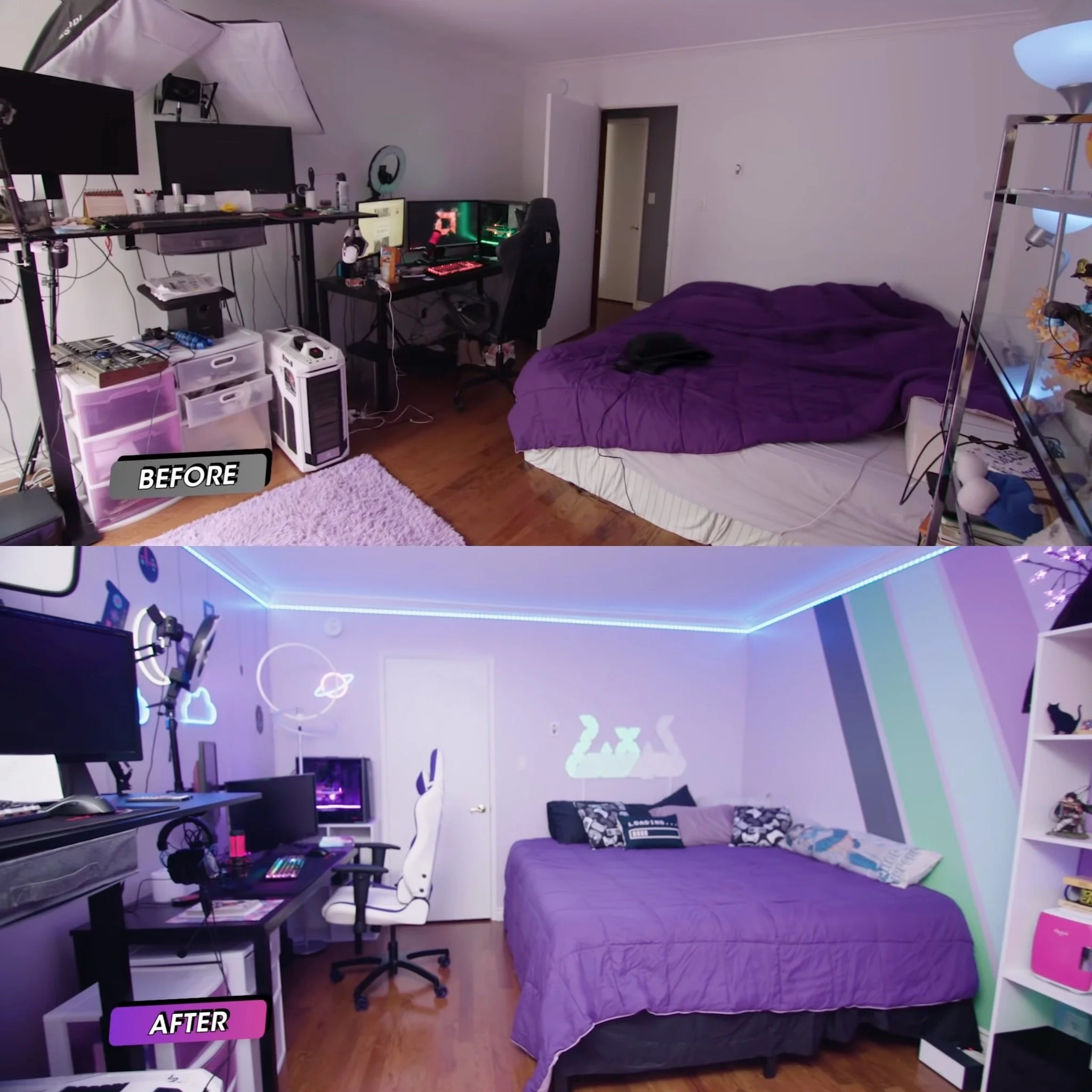 Comparison of a bedroom before and after a transformation, showing a cluttered, dark space to a bright, organized, and decorated room with wall lighting, a decorated wall, and a tidy bed.