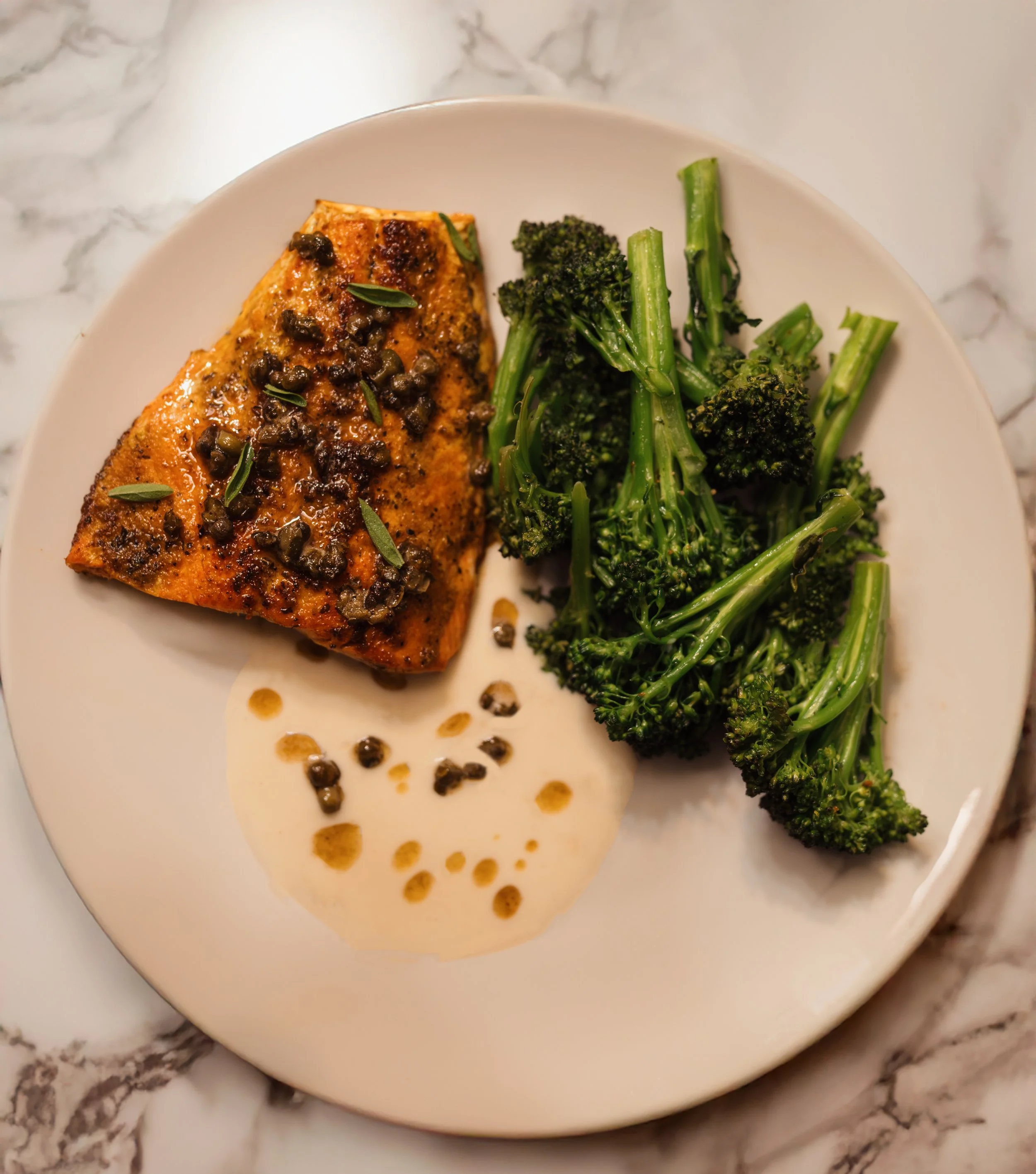 Pan Fried Salmon with a Velouté Sauce and Sauteed Broccoli 