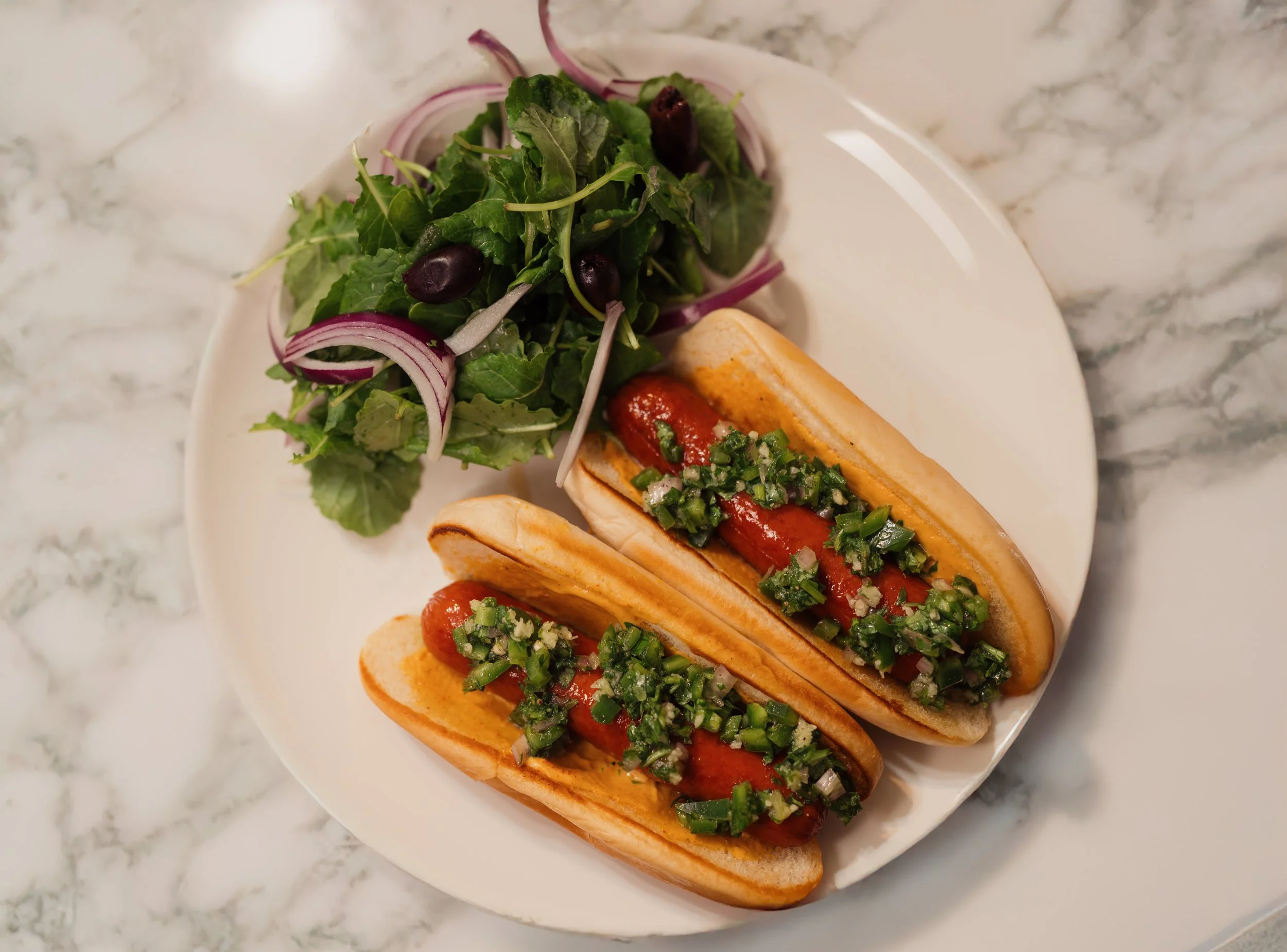 Hot Dogs with a Serrano Pepper Chimichurri & a Spinach Side Salad