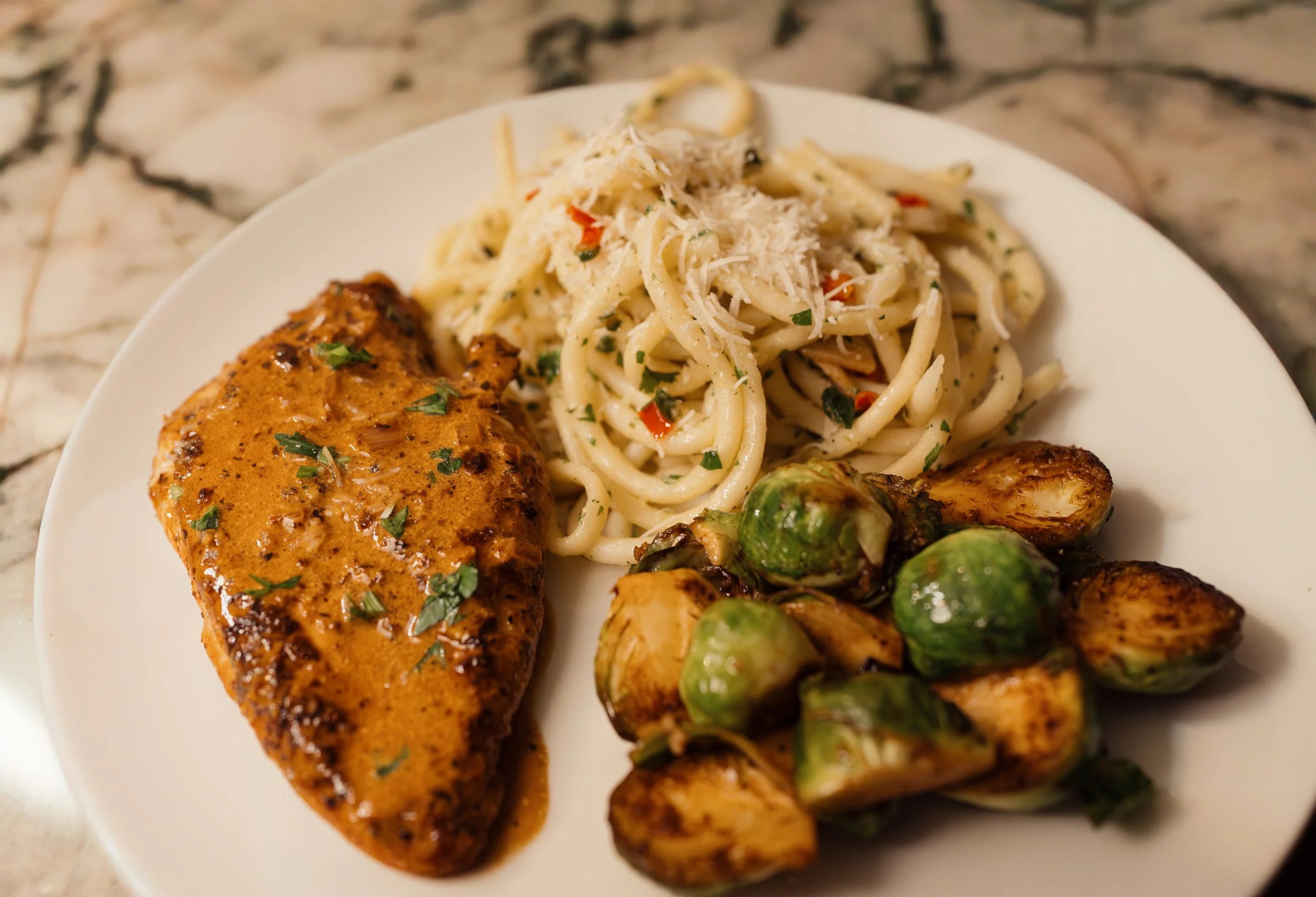 Pepper & Cream Garlic Chicken with Aglio e Olio and Roasted Brussels Sprouts