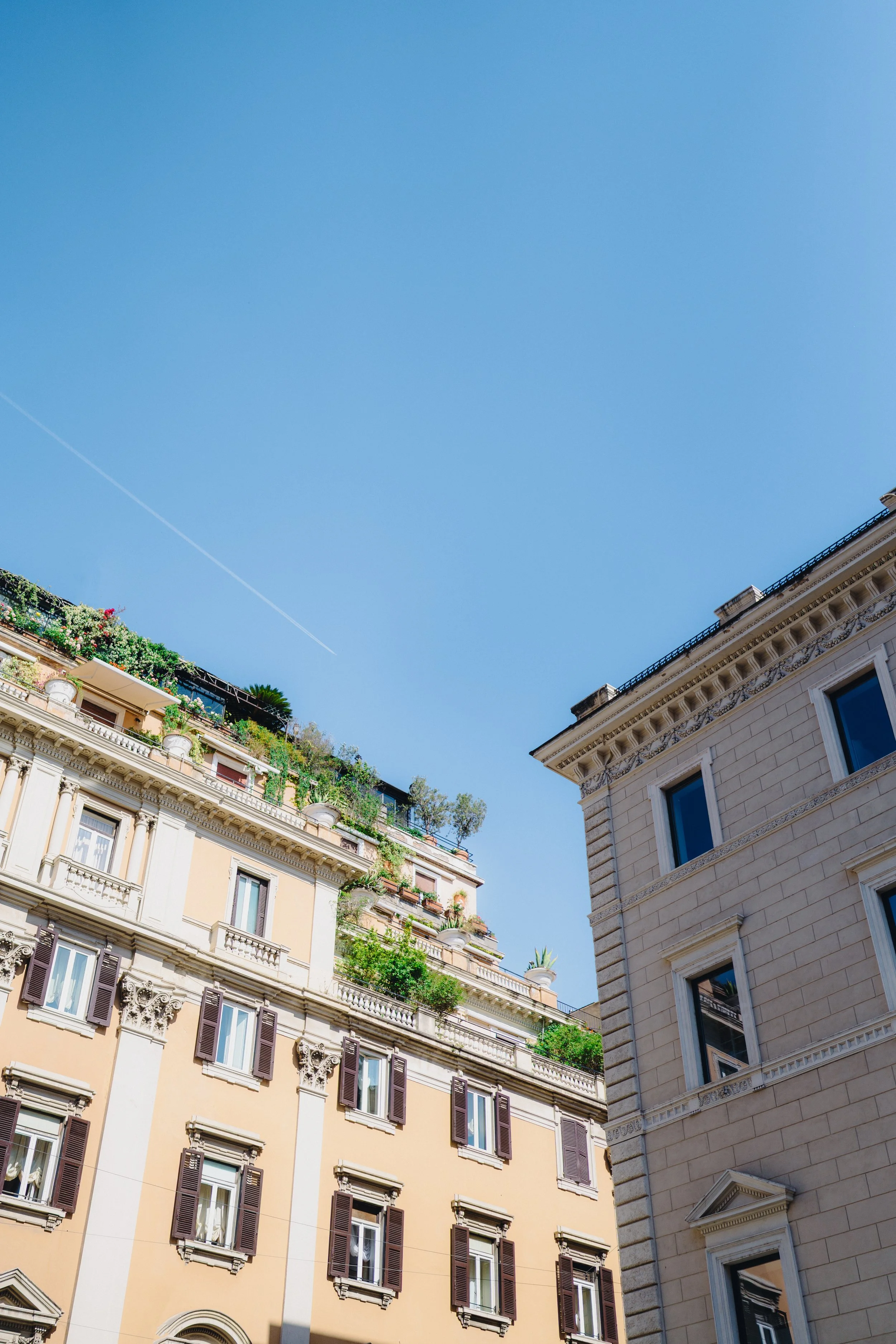 View of two European-style buildings with decorative facades and windows, and a clear blue sky with a faint contrail.