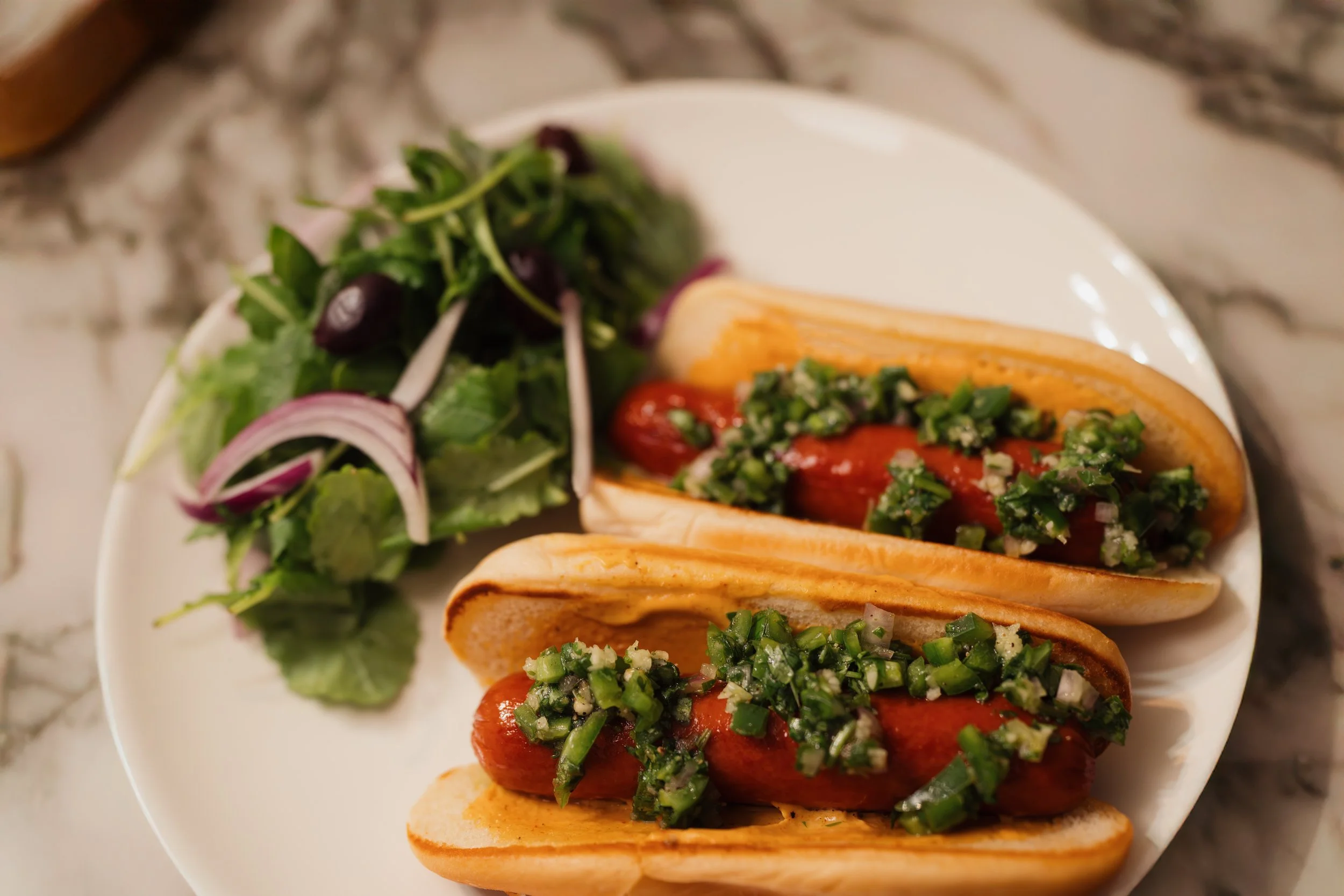 Hot Dogs with a Serrano Pepper Chimichurri & a Spinach Side Salad