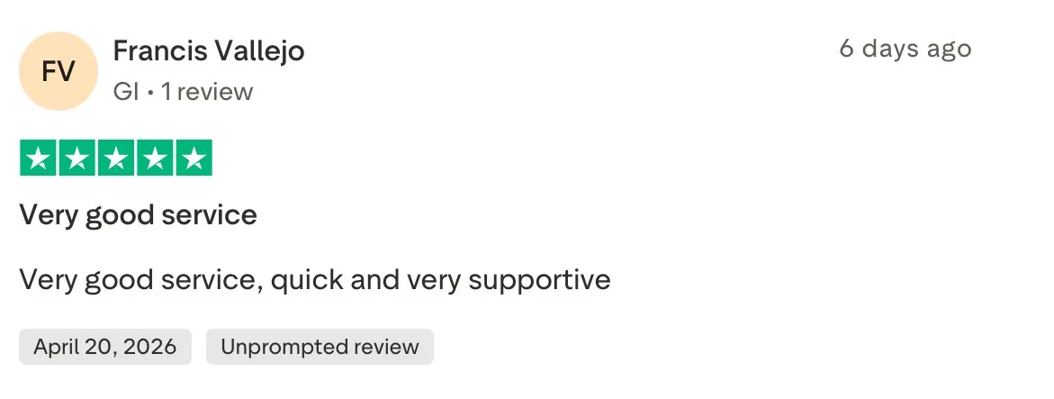 Screenshot of a five-star customer review for a service, written by Francis Vallejo, posted six days ago, dated April 20, 2026, praising the service as very good, quick, and supportive.