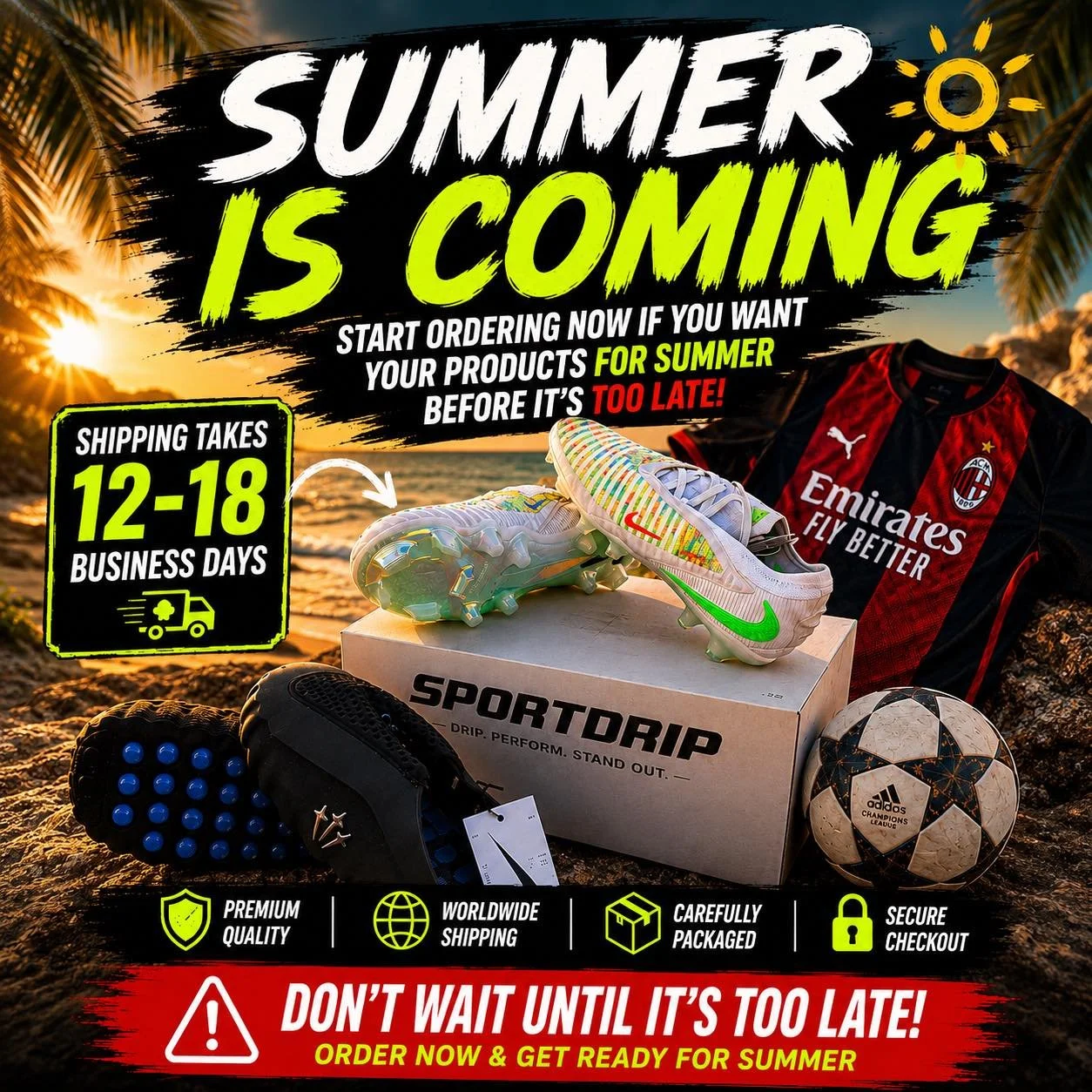 🚨 DON&rsquo;T WAIT UNTIL IT&rsquo;S TOO LATE 🚨

Summer is almost here and orders are already coming in.

⚡ 10% OFF First Order
⚽ Latest Boots &amp; Kits
🌍 Worldwide Shipping
📦 12-18 Business Days

Secure yours before your size sells out.

👇 Link