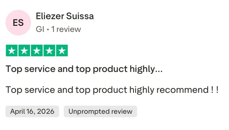 Screenshot of a Google review for Eliezer Suissa with a 5-star rating, dated April 16, 2026, titled "Unprompted review," praising the service and product.