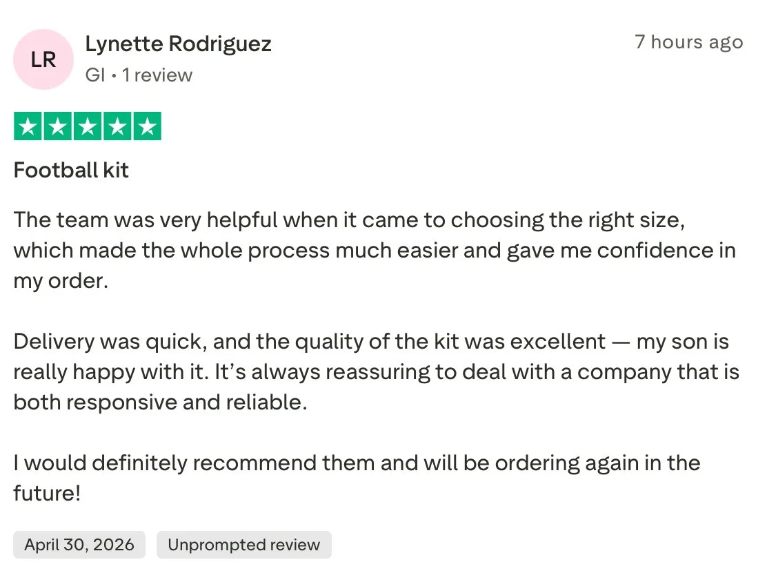 Screenshot of an online review by Lynette Rodriguez for a football kit, praising the helpfulness, quality, and reliable delivery of the product.