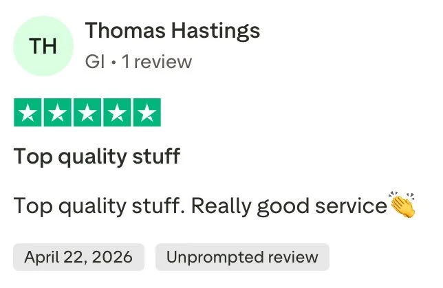 A customer review for Thomas Hastings on a review platform, showing five green stars, praising top quality stuff and service, dated April 22, 2026.