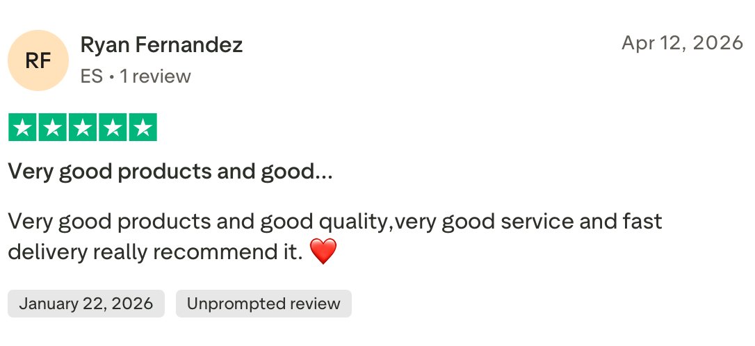 Customer review with five-star rating, positive feedback, heart emoji, and review dates.