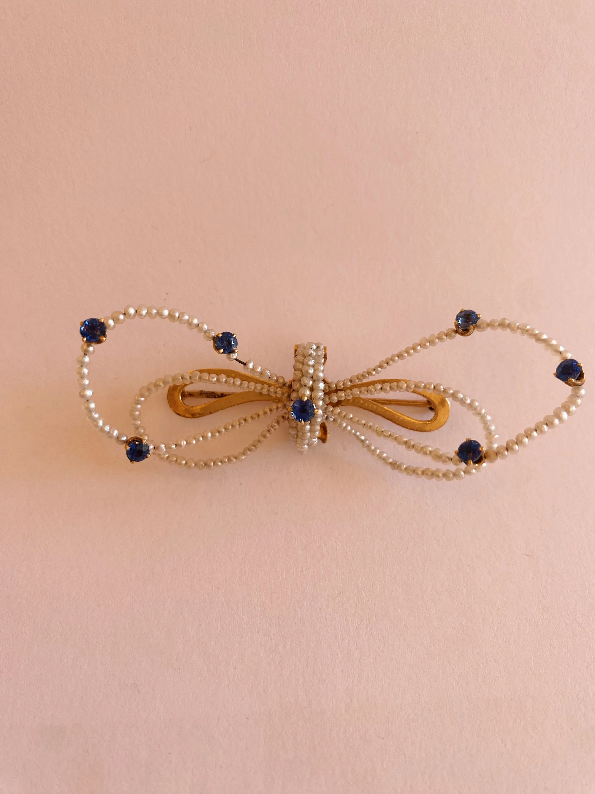 14k Seed Pearl and Sapphire Bow Pin