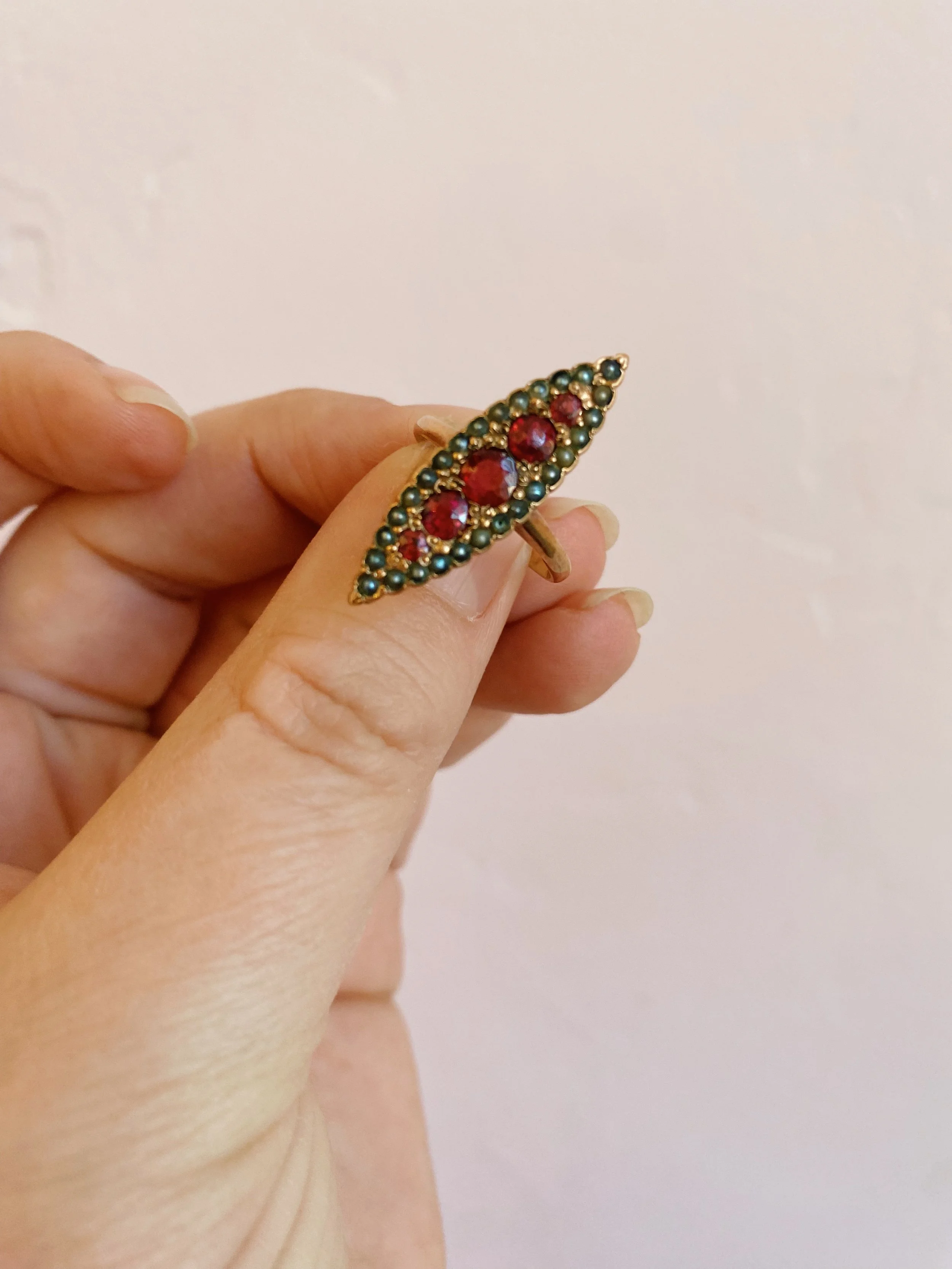 Antique rose gold seed pearl and ruby ring. Edwardian era.