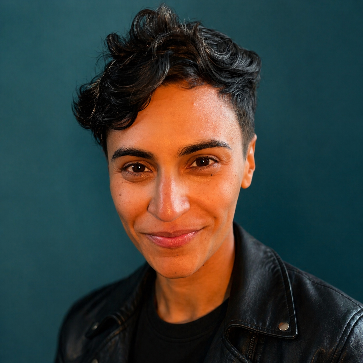 Close-up portrait of a person with short, dark, curly hair, smiling, wearing a black leather jacket, against a teal background.