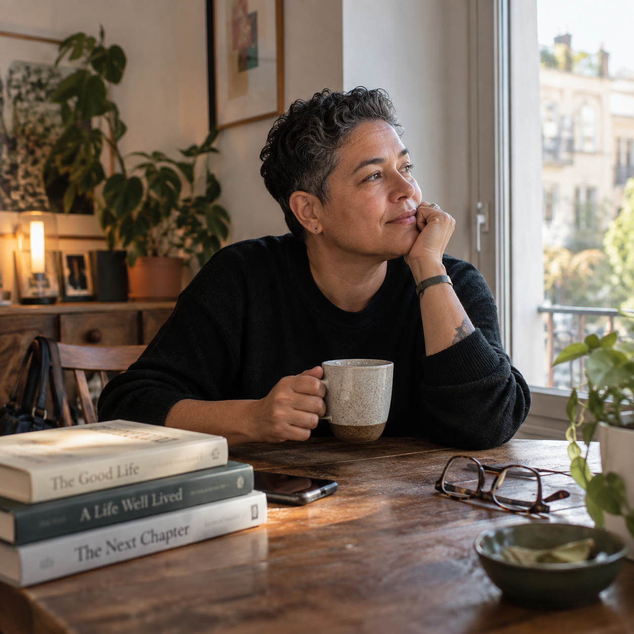 A person with short gray hair, wearing a black sweater and bracelet, sits at a wooden table by a window, holding a mug and gazing thoughtfully outside, with books, glasses, and a plant on the table.