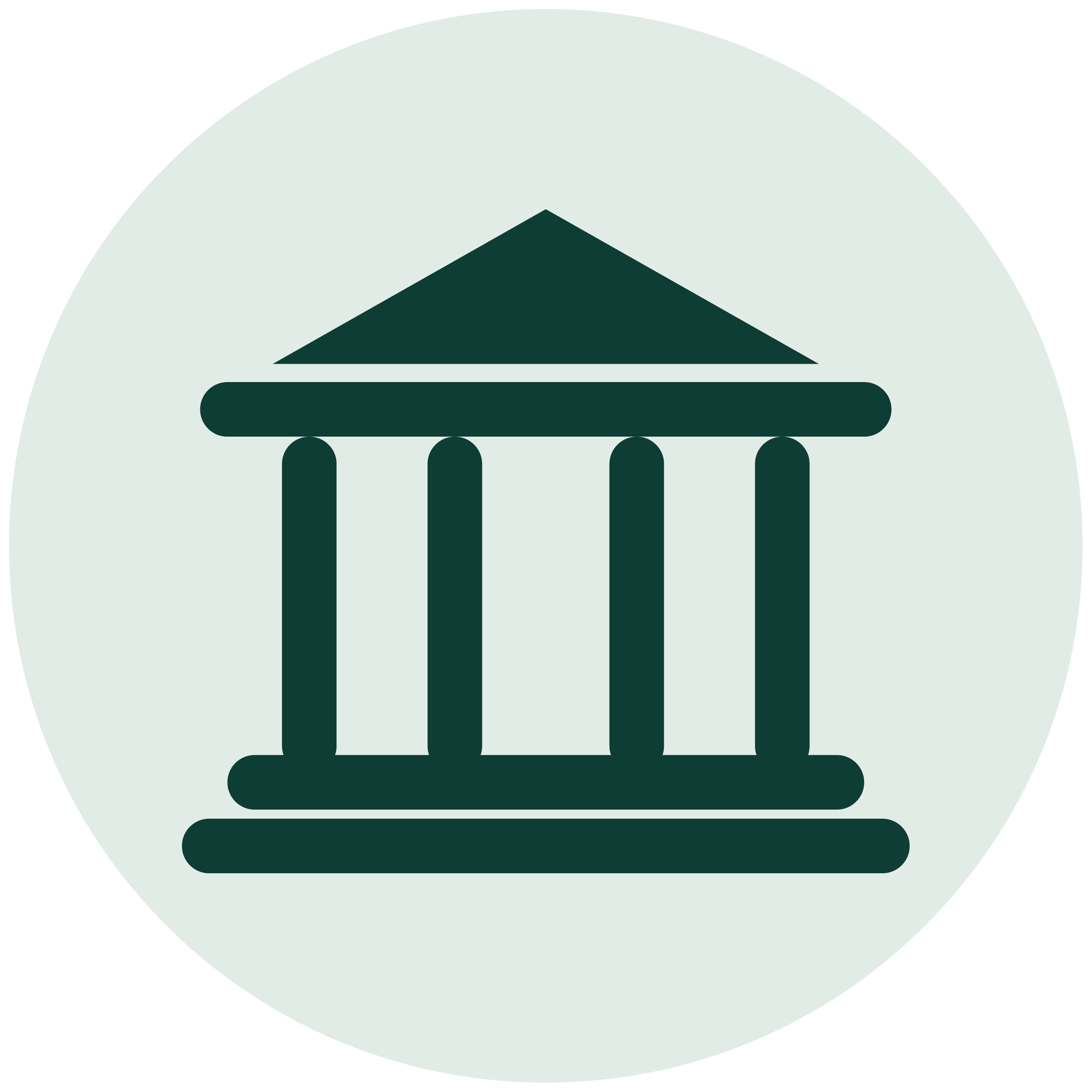 A minimalist illustration of a classical Greek temple with columns, depicted in dark green, set against a light green circular background.