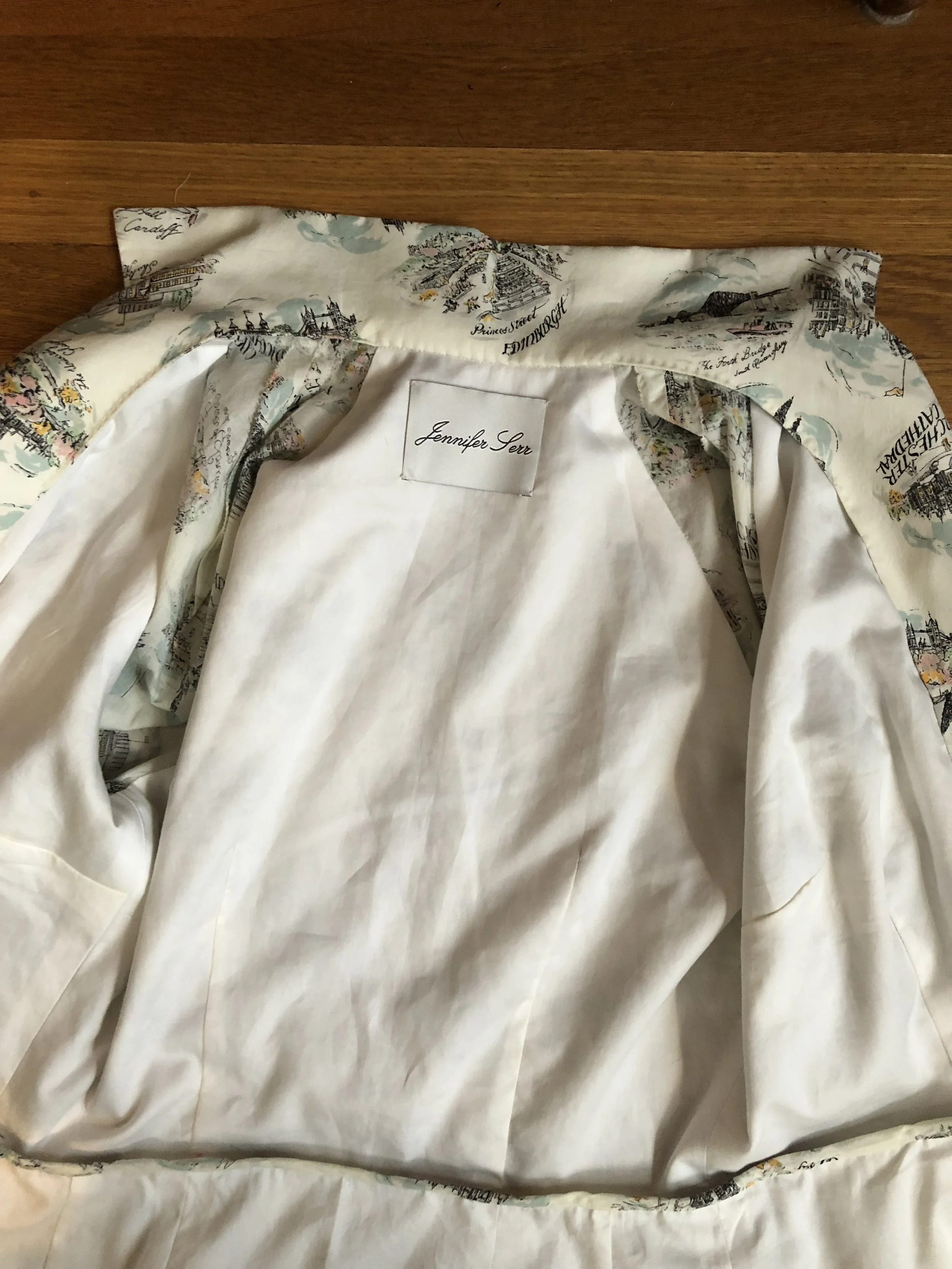 Inside view of custom made vintage 1950's dress, Jennifer Serr label, hand finished lining, binding at waist, binding finish