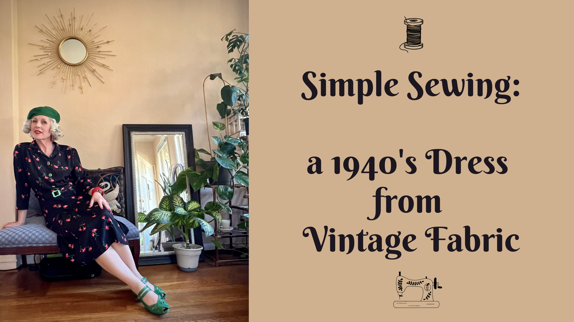 vintage sewing, 1940's sewing, 1940s dress made from vintage silk fabric, sewing techniques, simple sewing, Jennifer Serr wearing a black floral silk dress made from a vintage pattern