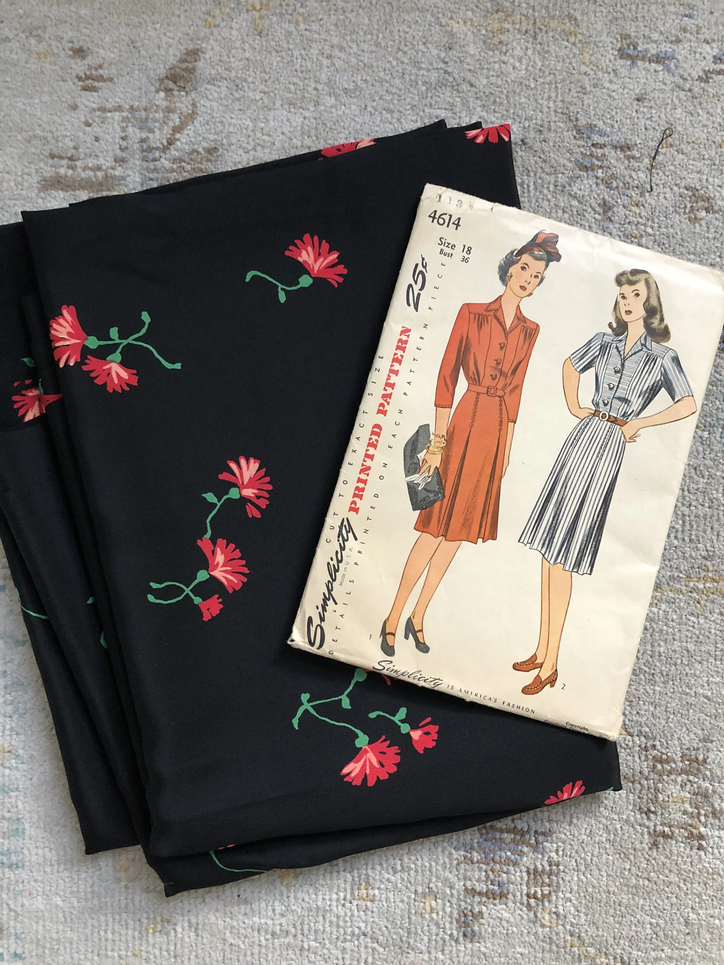 Vintage silk fabric, simplicity 4614, vintage simplicity pattern, 1940s simplicity pattern, vintage sewing