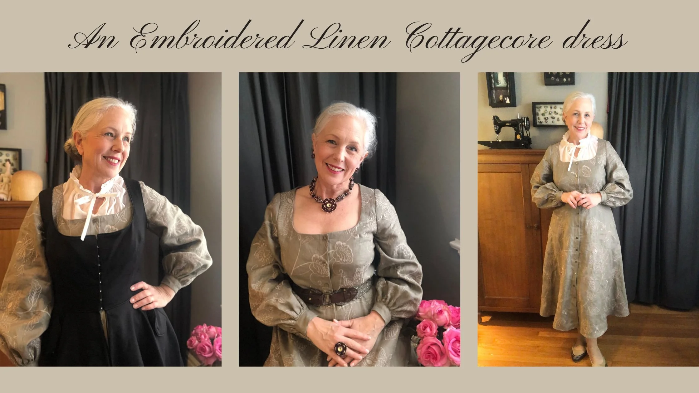smiling woman with white hair wearing an embroidered linen dress styled 3 different ways