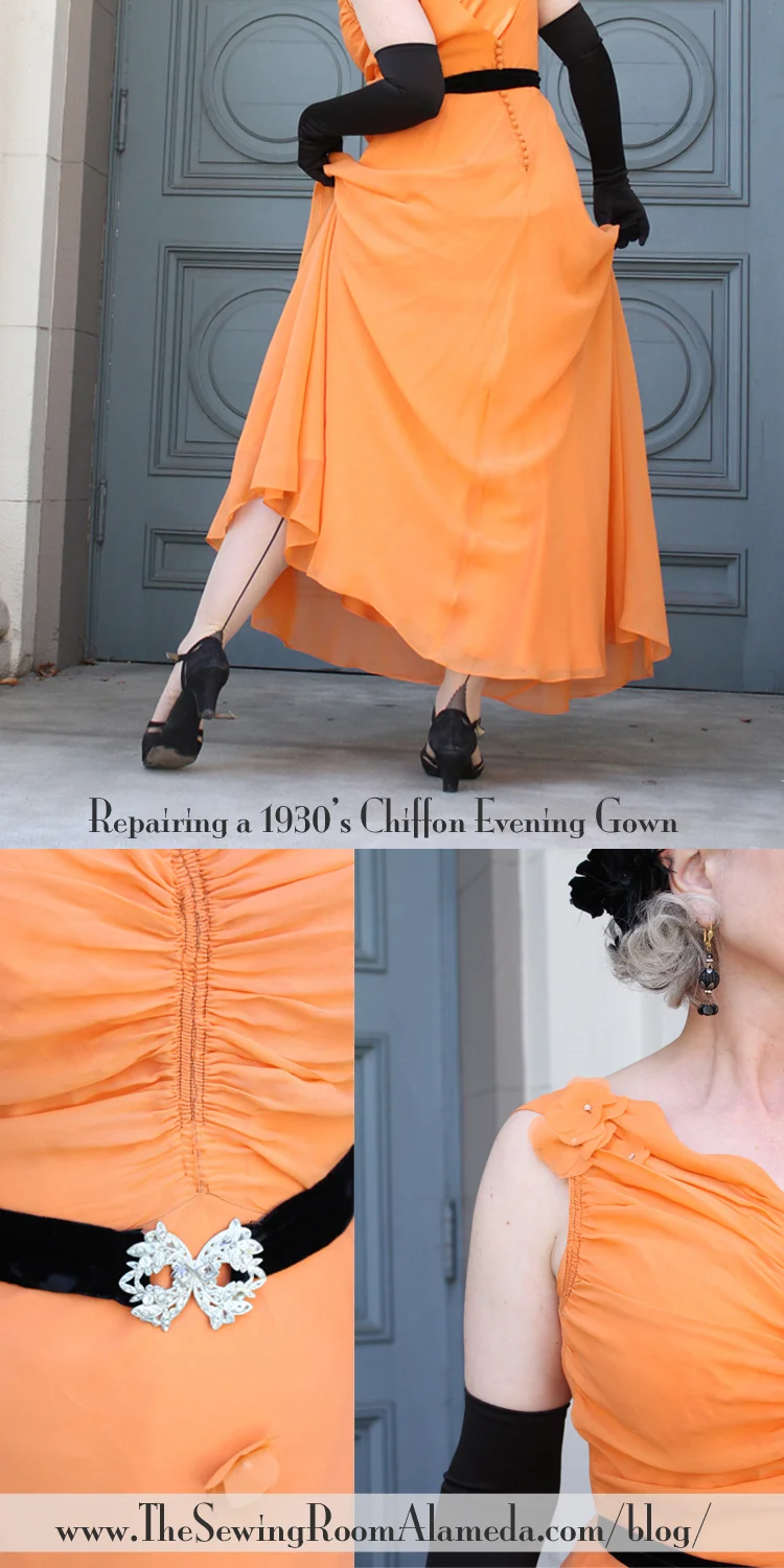 Repairing a 1930's Orange Chiffon Evening Gown