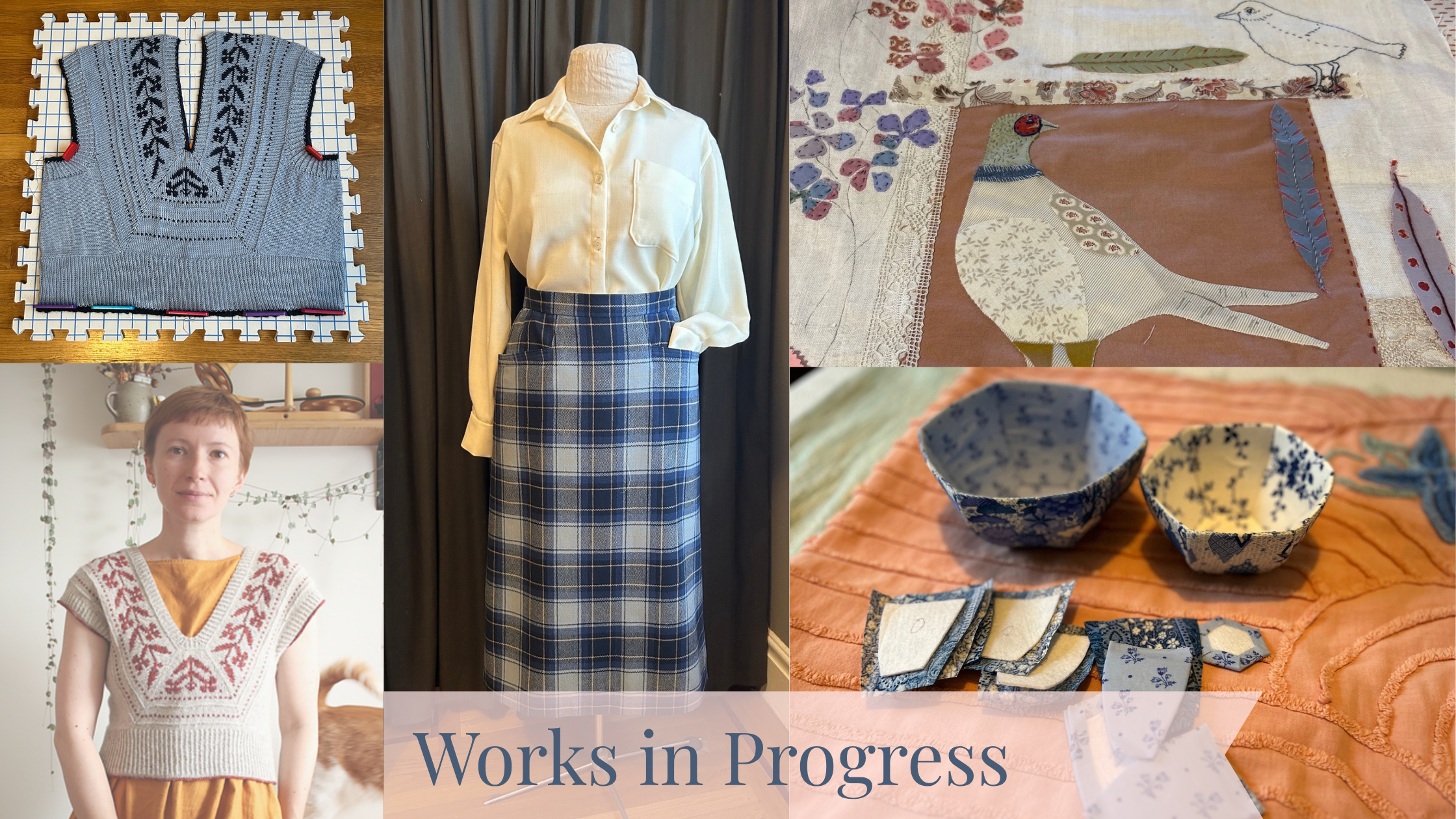 selection of objects made by Jennifer serr including a wool sweater vest, a wool blouse and plaid wool skirt, the bifurca sweater pattern cover, a hand sewn wall hanging and fabric bowls in process