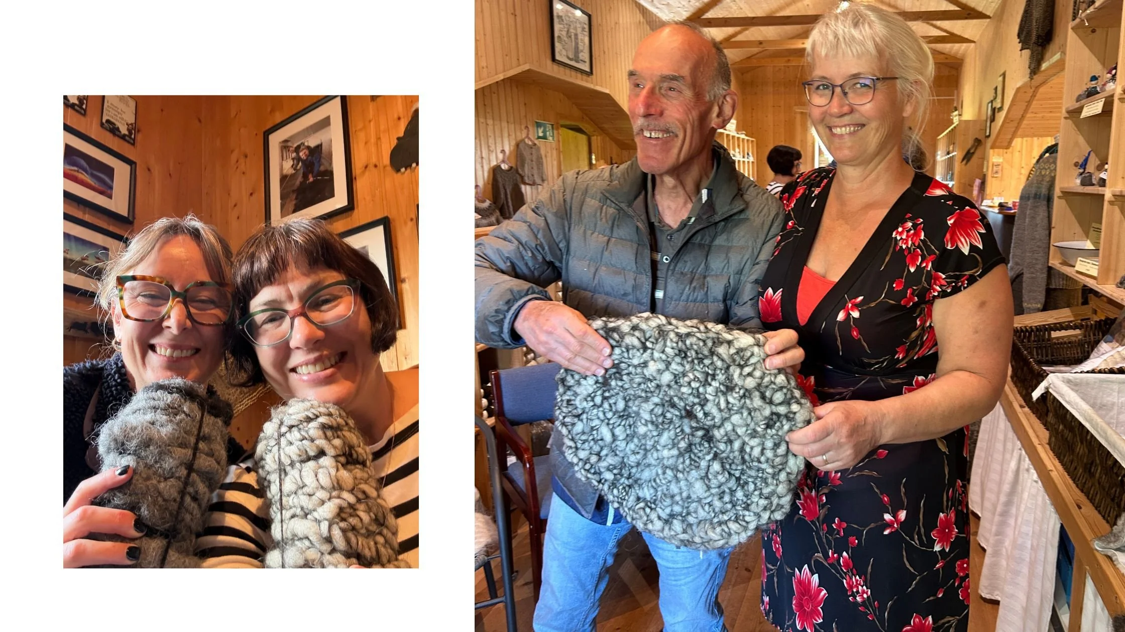Kasia & Vickery with their yarn and Hulda and Bernie with Bernie's hand crocheted wool sitting pad