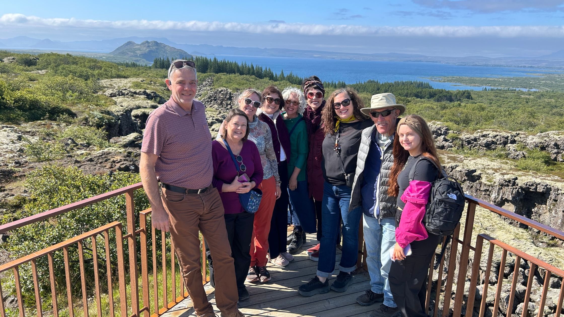 Our group with our Guide from Kidde's Icelandic tours looking out onto the pingvellir valley