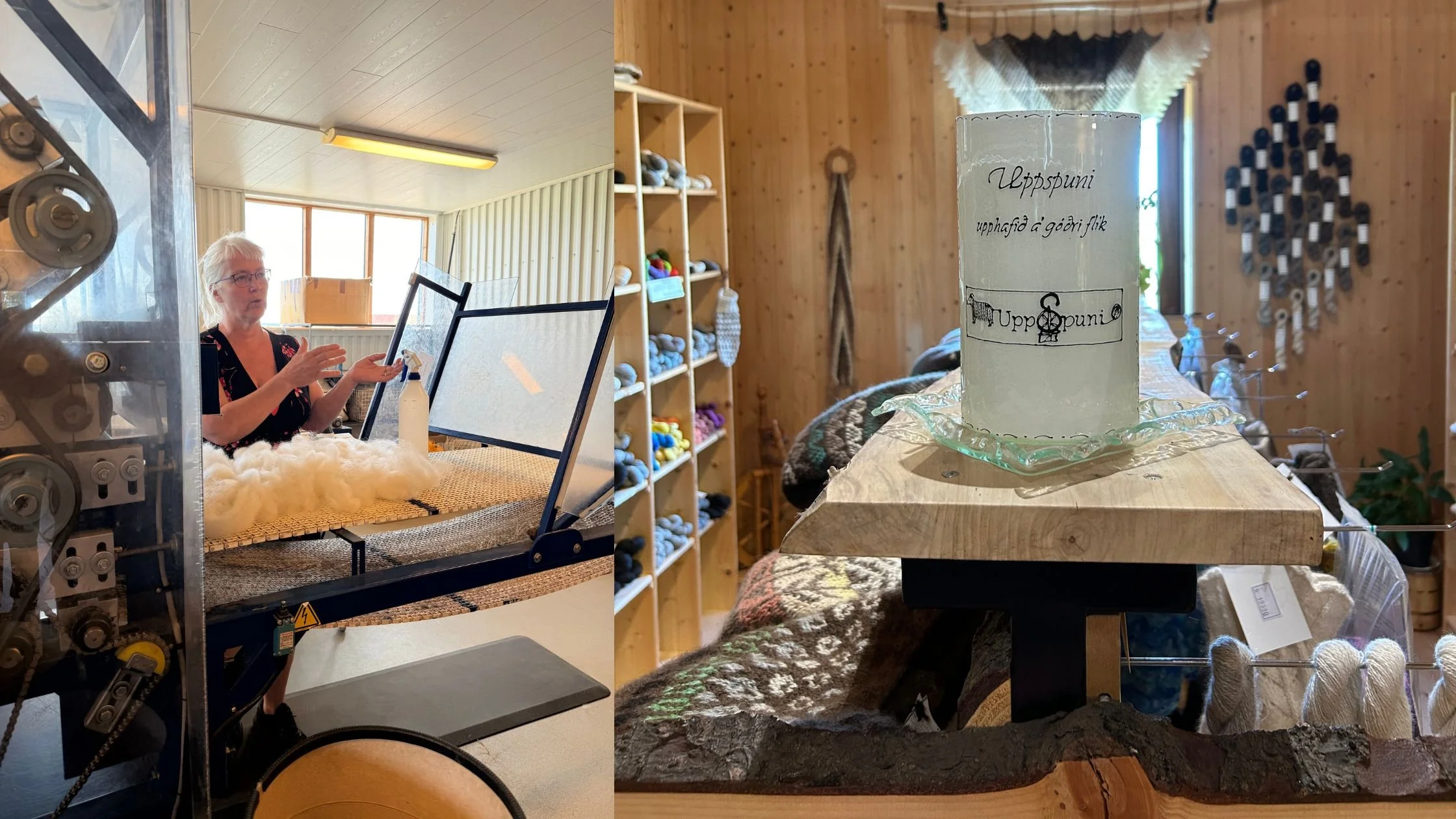 Hulda putting wool into the combing machine and an inside view of the yarn store at Uppspuni mini-mill in hella iceland