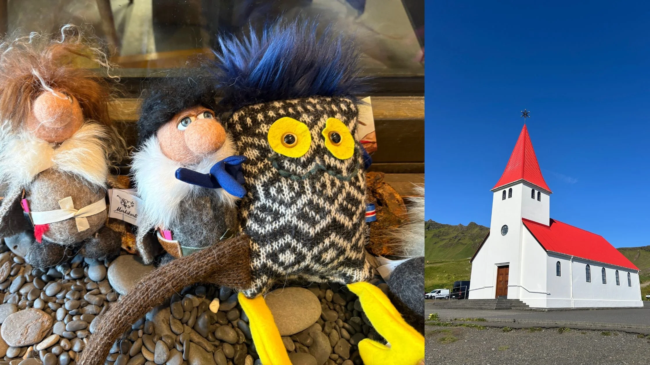 hand made Troll dolls from the Katla shop and a photo of the red and white church in Vik
