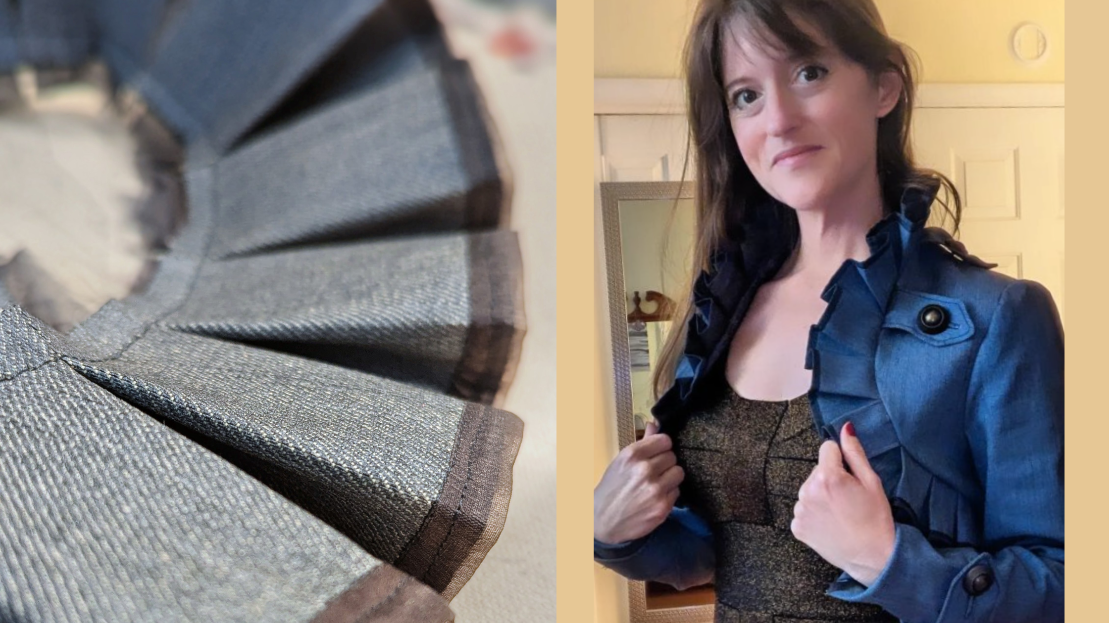 image of fashion student wearing a denim bolero that she created from design through garment. Detail image of pleated denim neck trim.