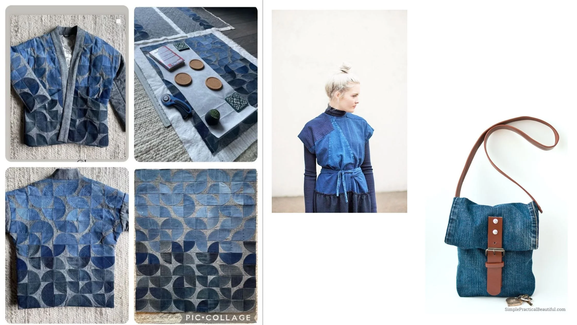 Denim Upcycling inspiration, Denim Jacket, quilted denim, patchwork top, upcycled bag with leather strap