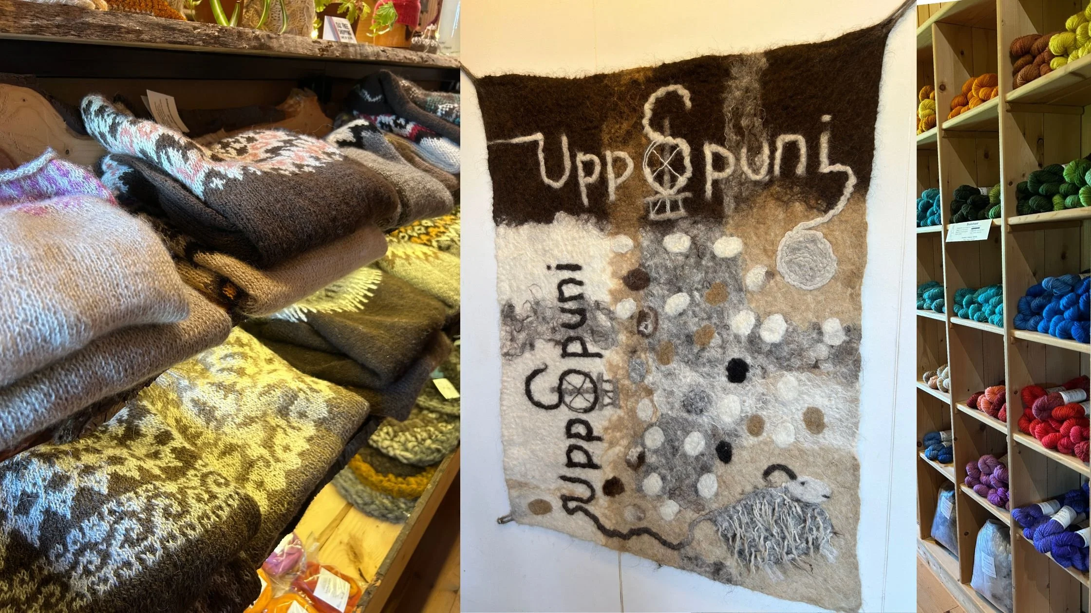 Beautiful Sweaters to look at and Yarn for sale at the UppSpuni Mini Mill in Hella, Iceland