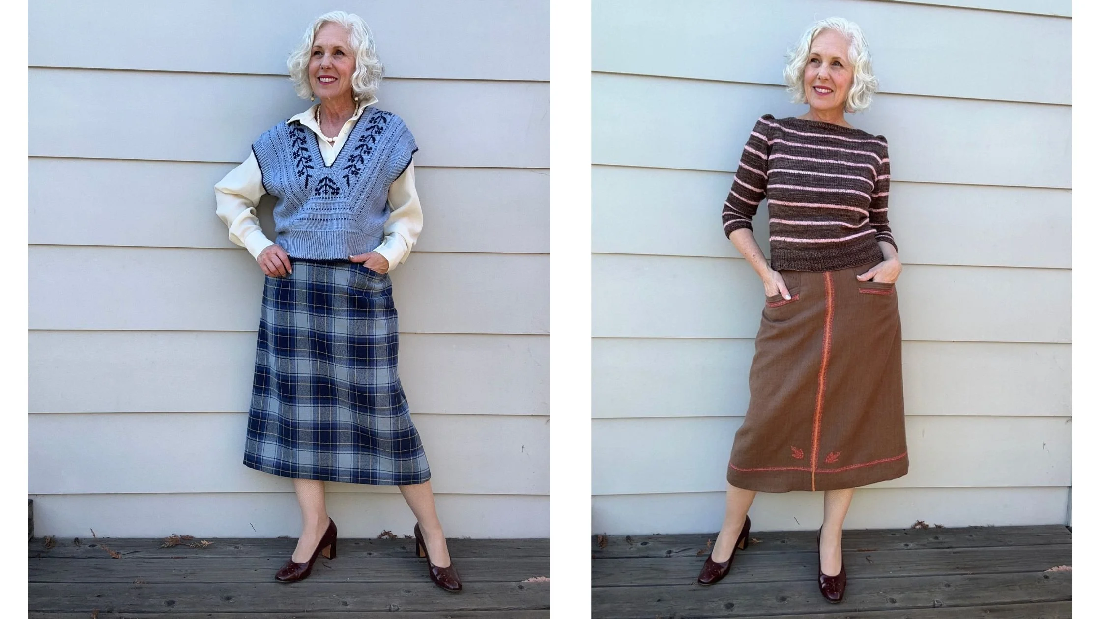 Jennifer Serr wearing her two entries for the 2026 California Make it with Wool Contest