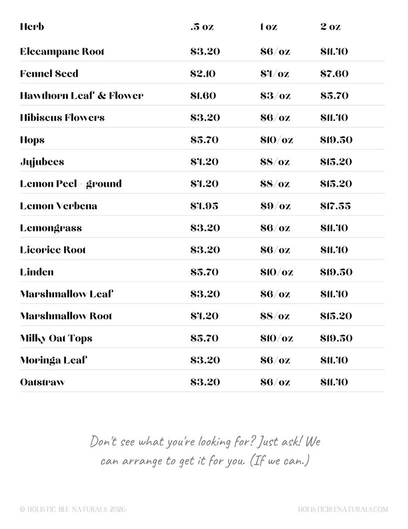 Bulk herbs are available upon request. Page 2 of June-July availability. 