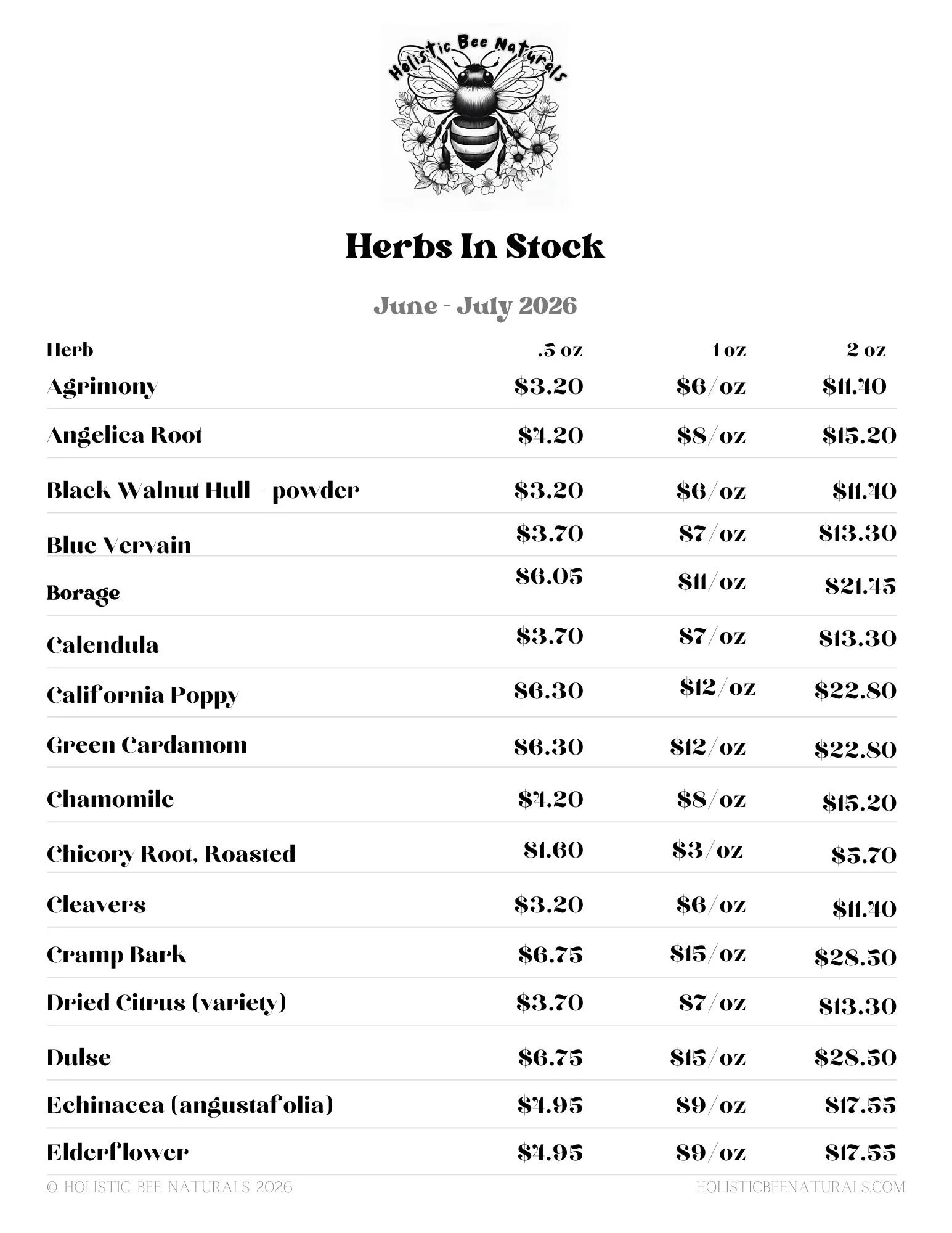 Bulk herbs are available upon request. Page 1 of June-July availability. 