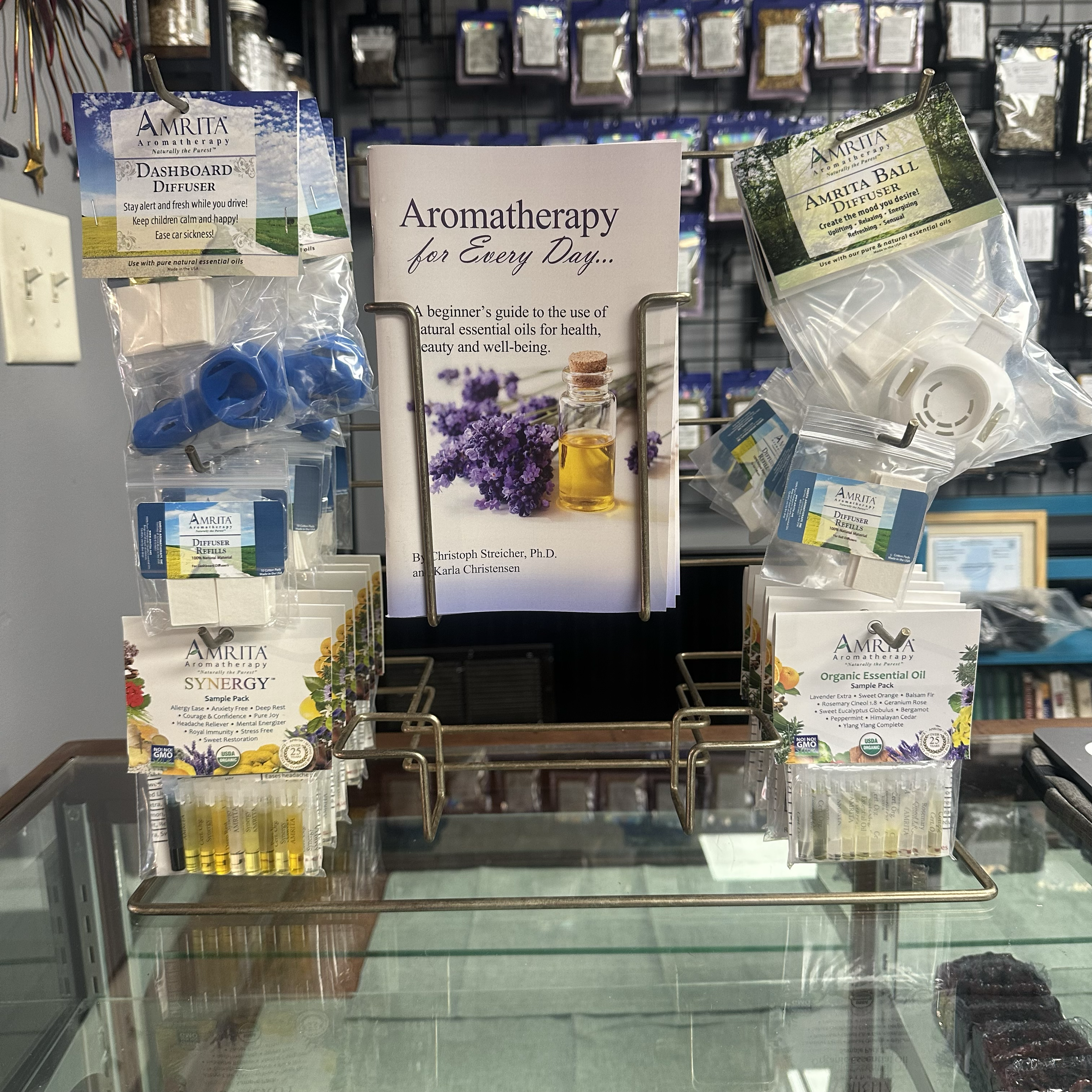 Amrita Essential Oils beginner sample packs, diffusers and essential oil literature