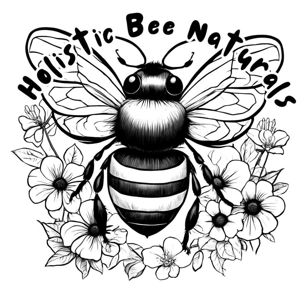 A black and white drawing of a bee with detailed wings and stripes, surrounded by flowers, with the text "Holistic Bee Nails" curved above it.