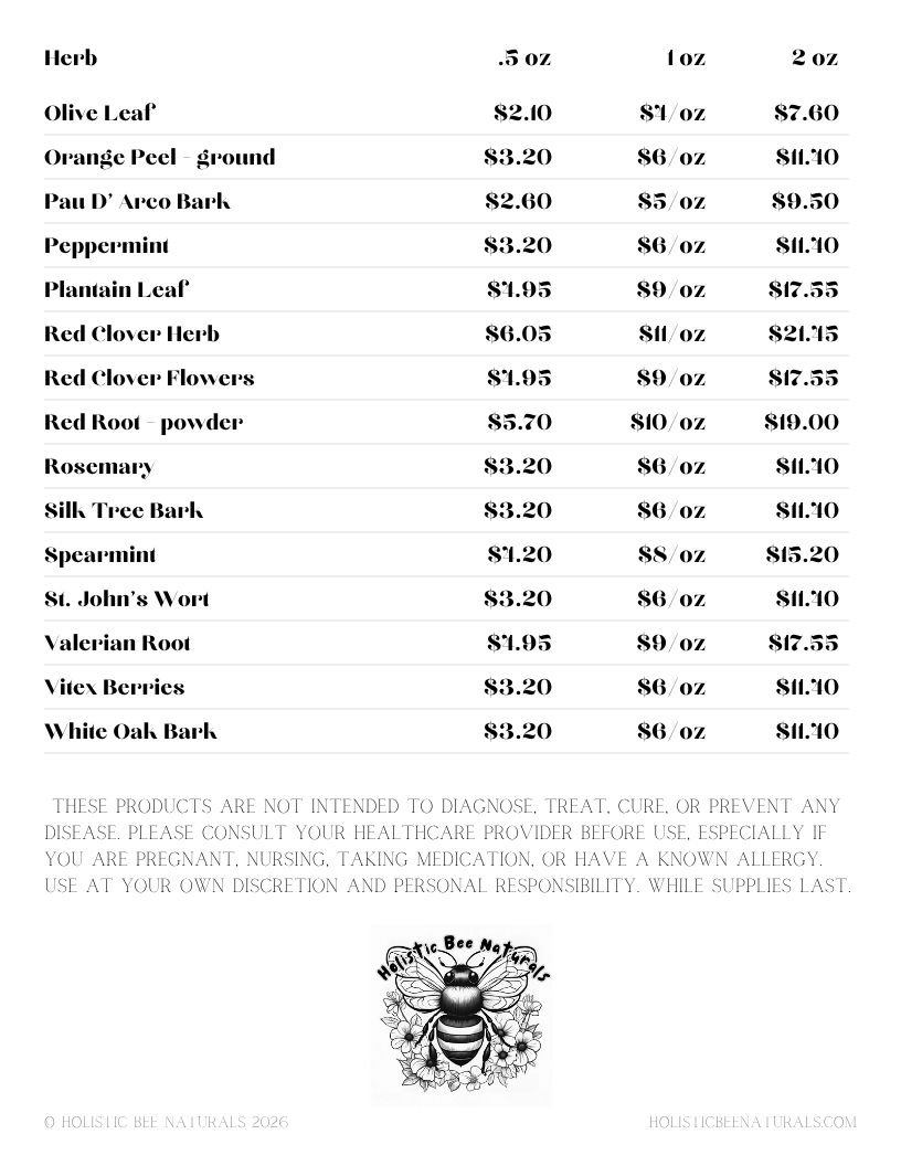Bulk herbs are available upon request. Page 3 of June-July availability. 
