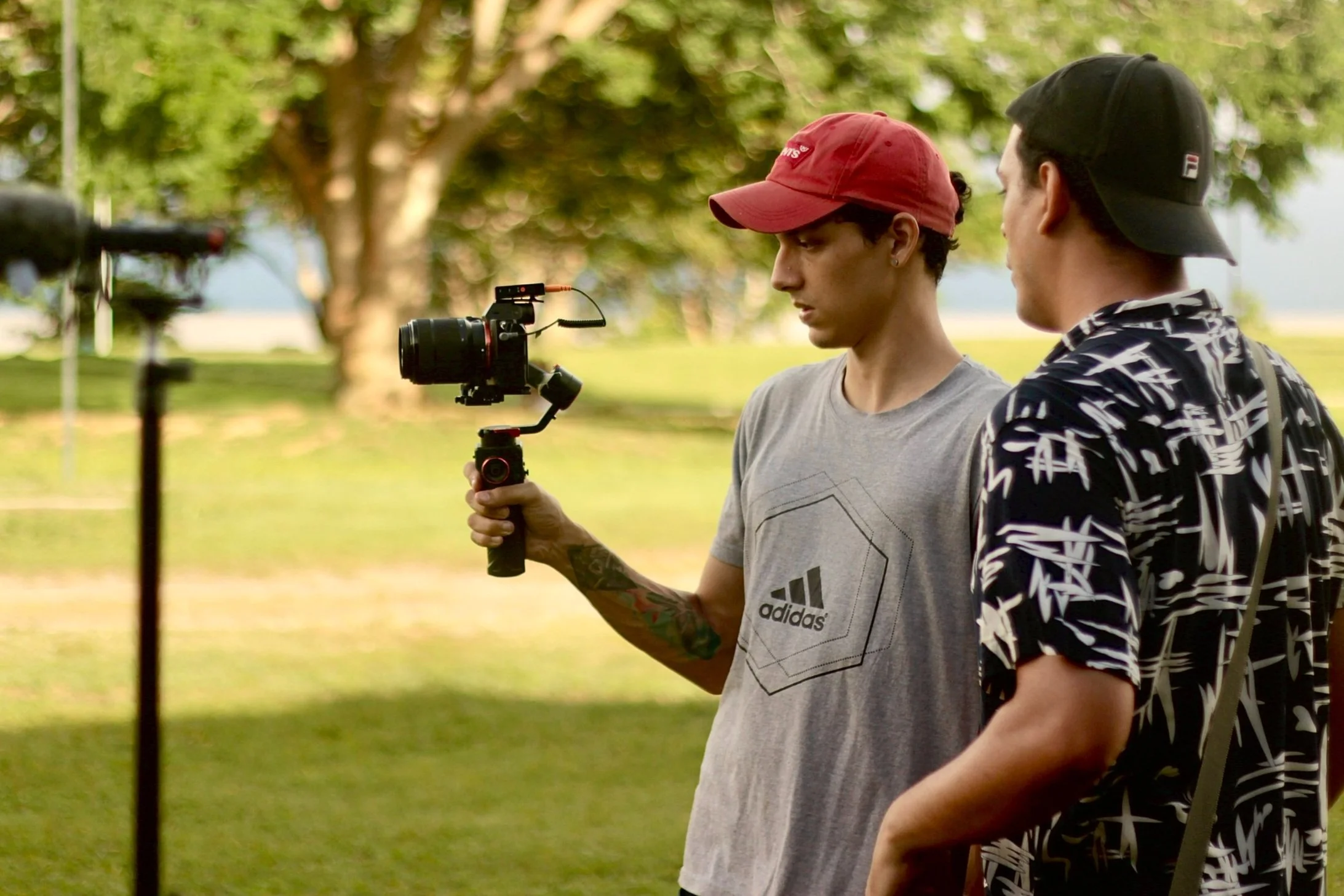 Dois jovens filmando em um parque ao ar livre, um com uma câmera estabilizadora e o outro observando, com árvores e grama ao fundo.