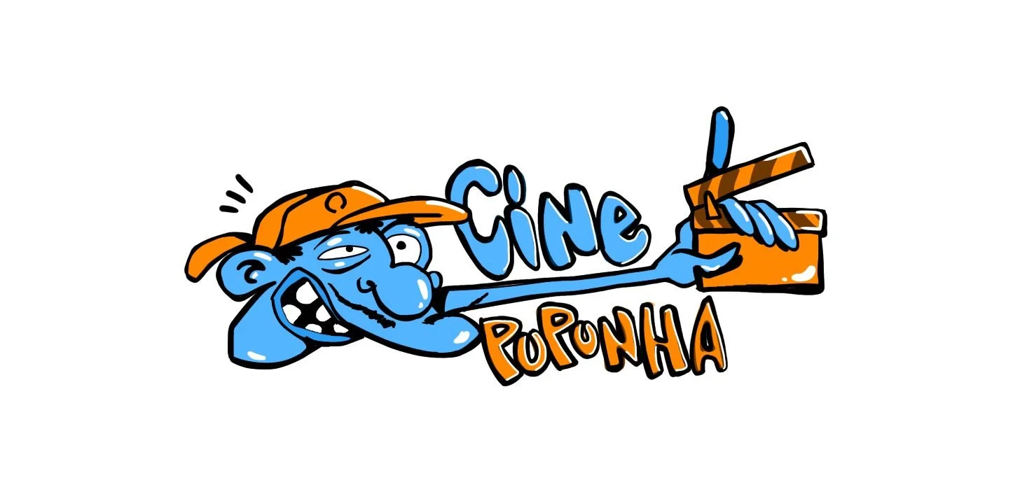 Ilustração de uma cabeça de personagem de desenho animado com boné laranja, segurando uma caixa de pipoca de cinema com um braço alongado, com as palavras 'Cine Popinha' em letras coloridas.
