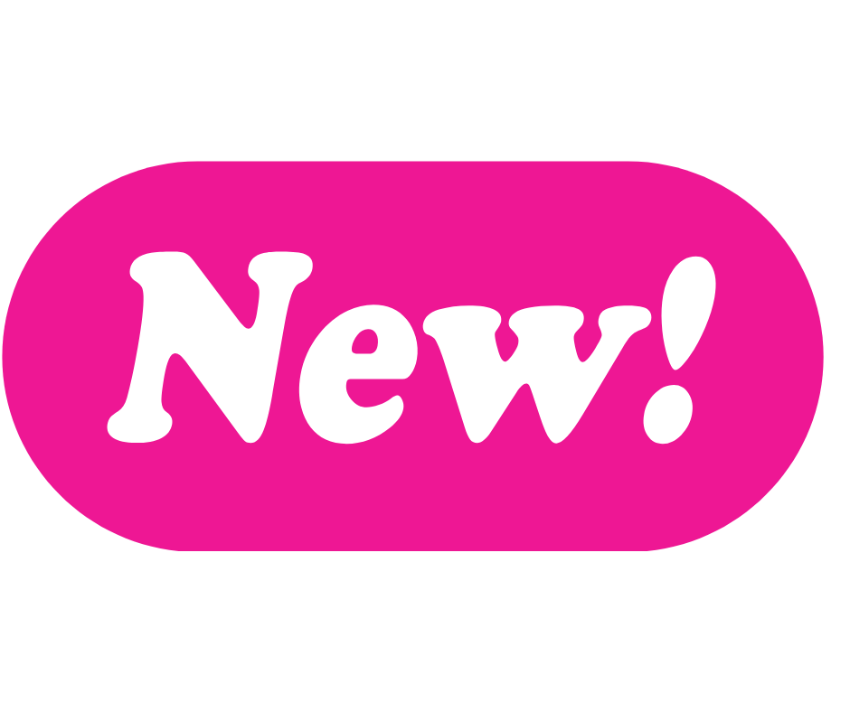 Pink oval sticker with the word 'New!' written in white, bold, playful font.