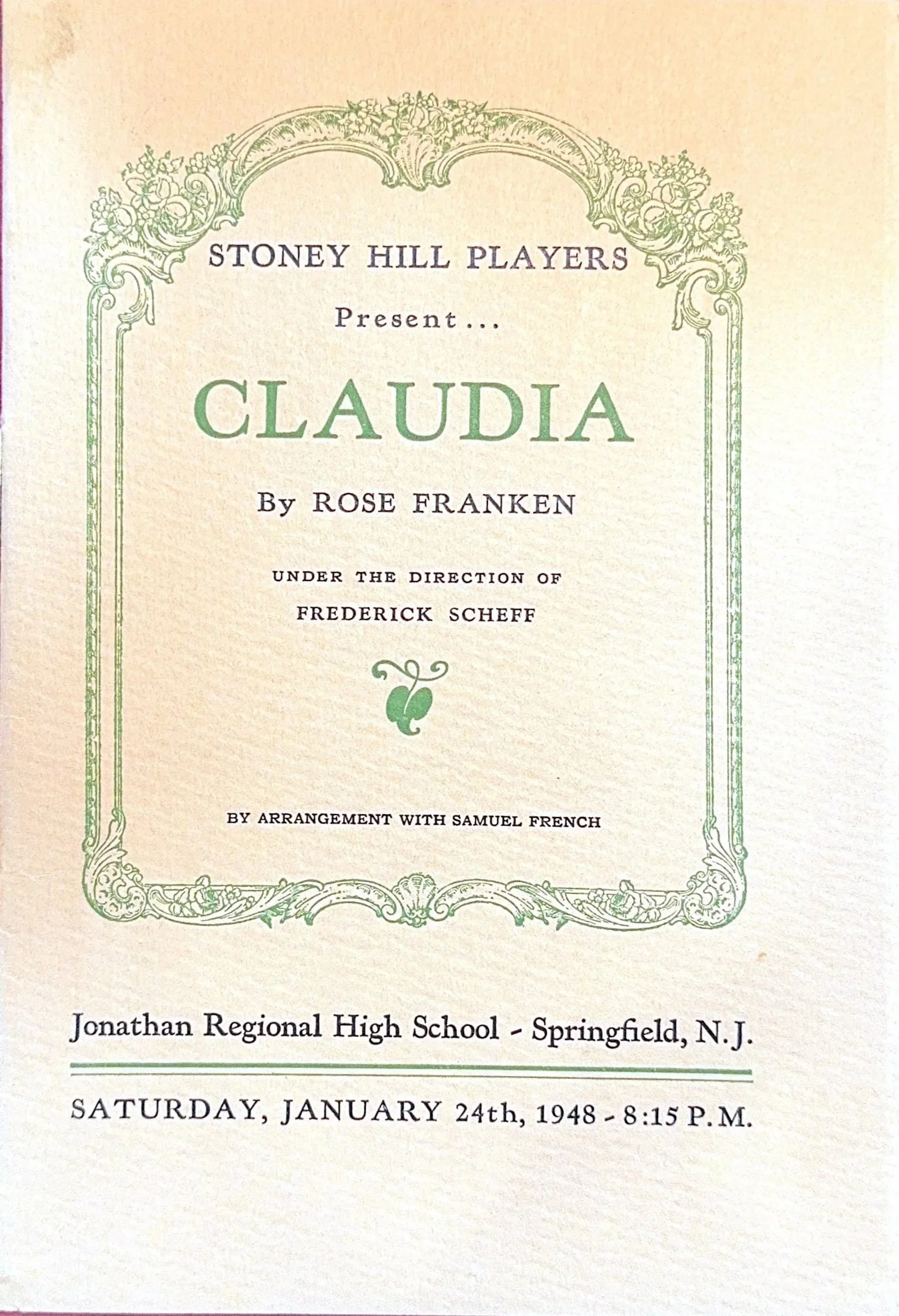 The cover page of a school play program for "Claudia," presented by the Stony Hill Players, directed by Frederick Scheff, performed at Jonathan Regional High School in Springfield, NJ, on January 24th, 1948, at 8:15 P.M.