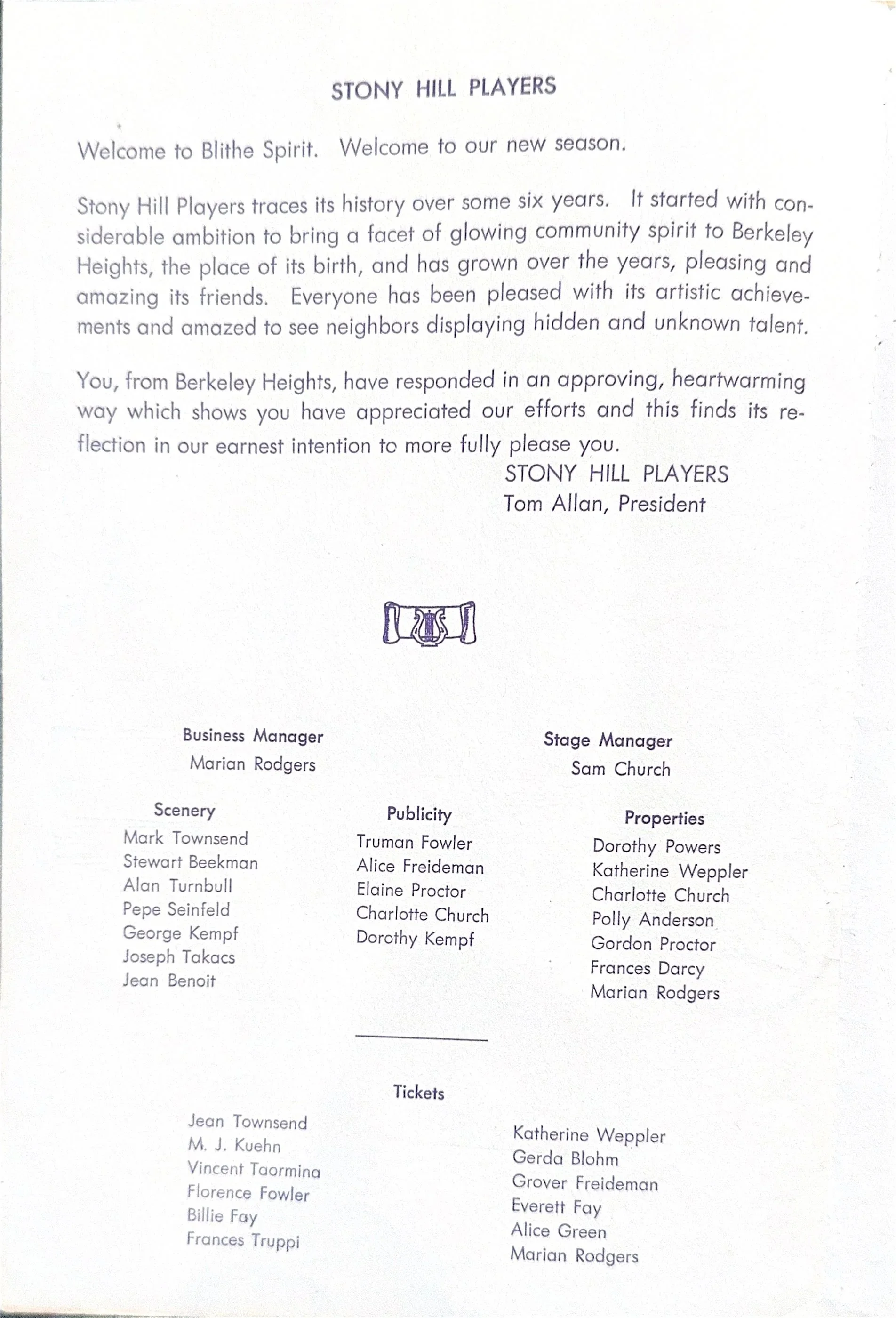 Letter from Stony Hill Players celebrating six years of community theater, signed by President Tom Allan, with a logo and list of crew members including managers, scenery, publicity, properties, and ticket staff.